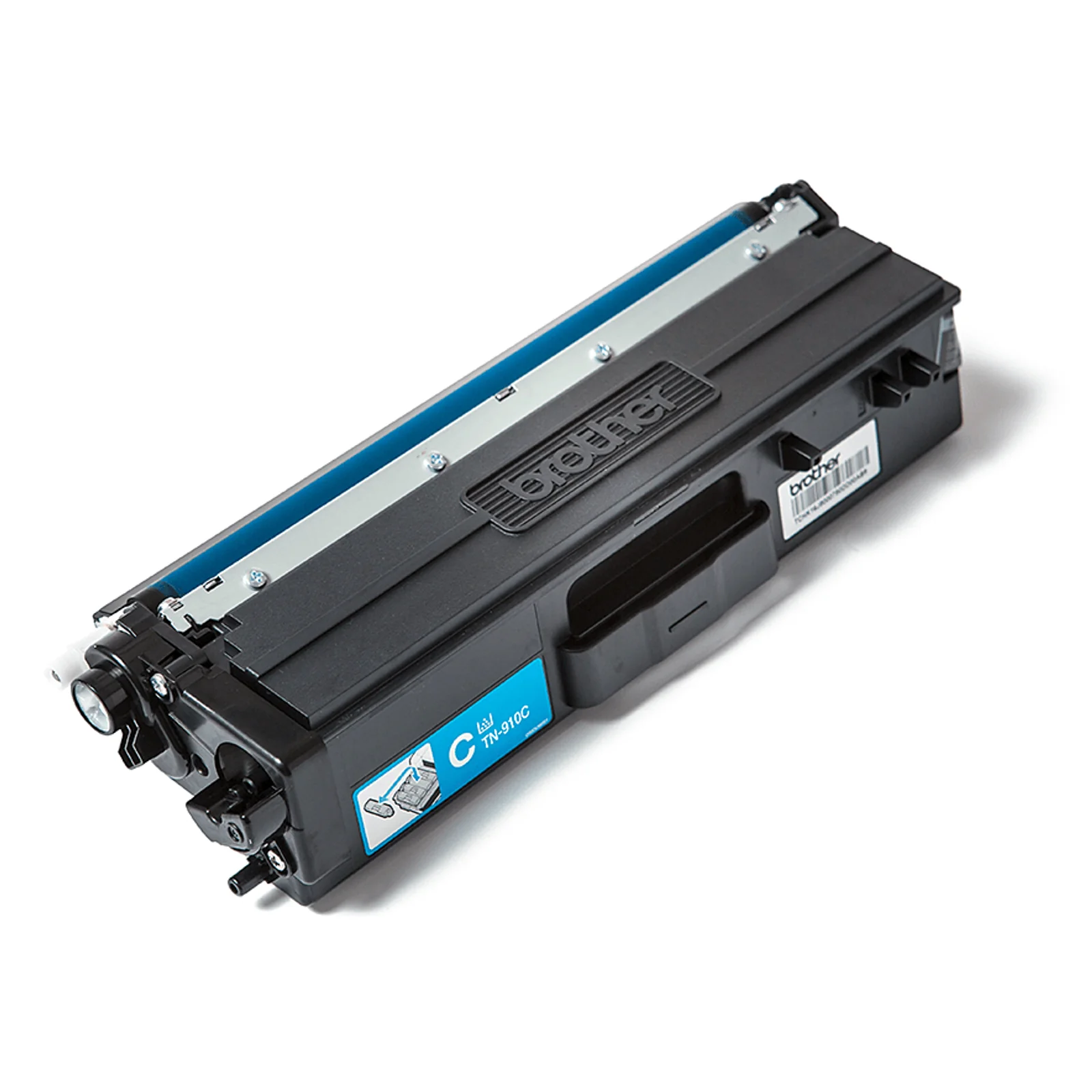 Cartouche Brother TN-910C noire vue trois quarts avec étiquette cyan et logo Brother