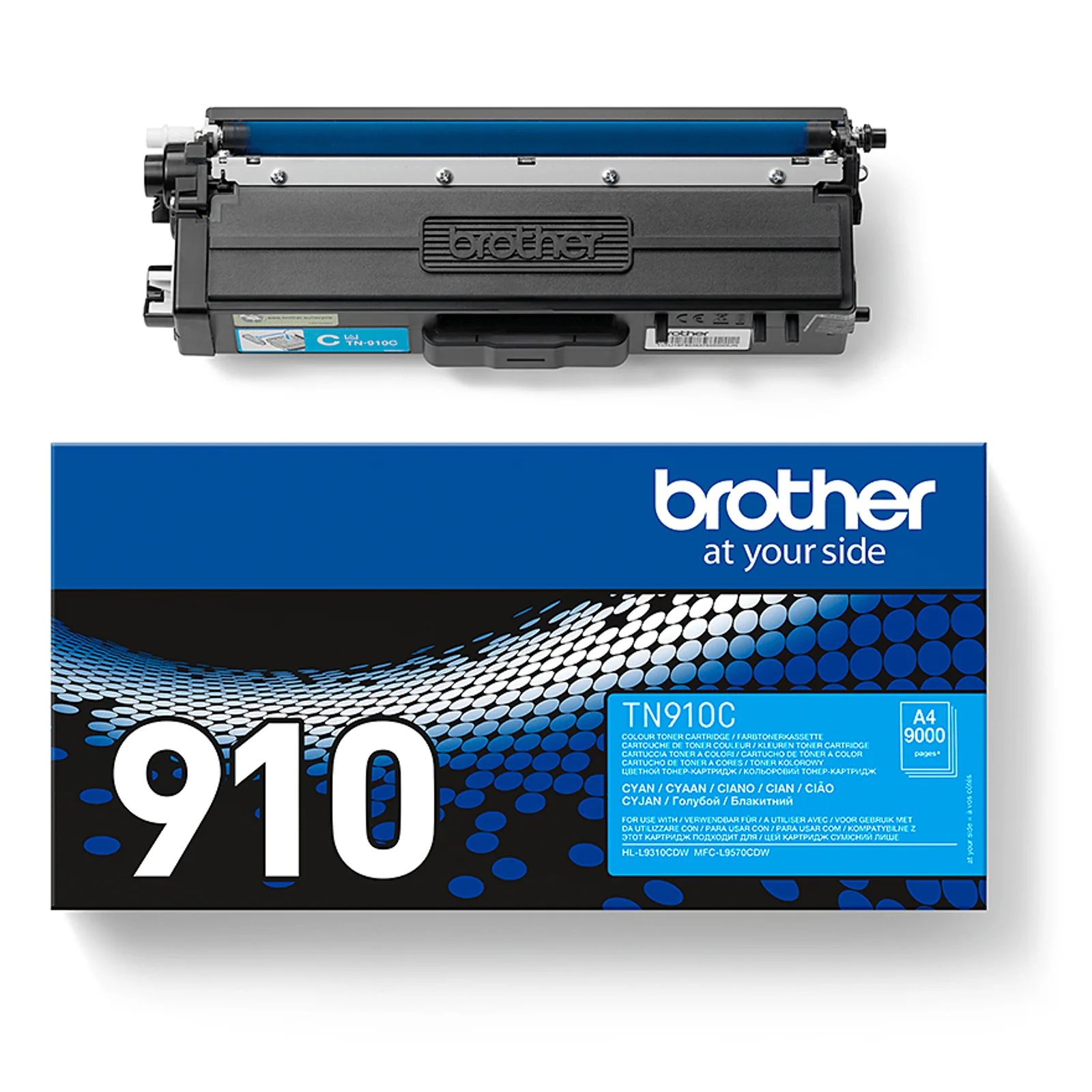 Cartouche Brother TN-910C devant boîte bleue 910 marquée at your side et libellé cyan