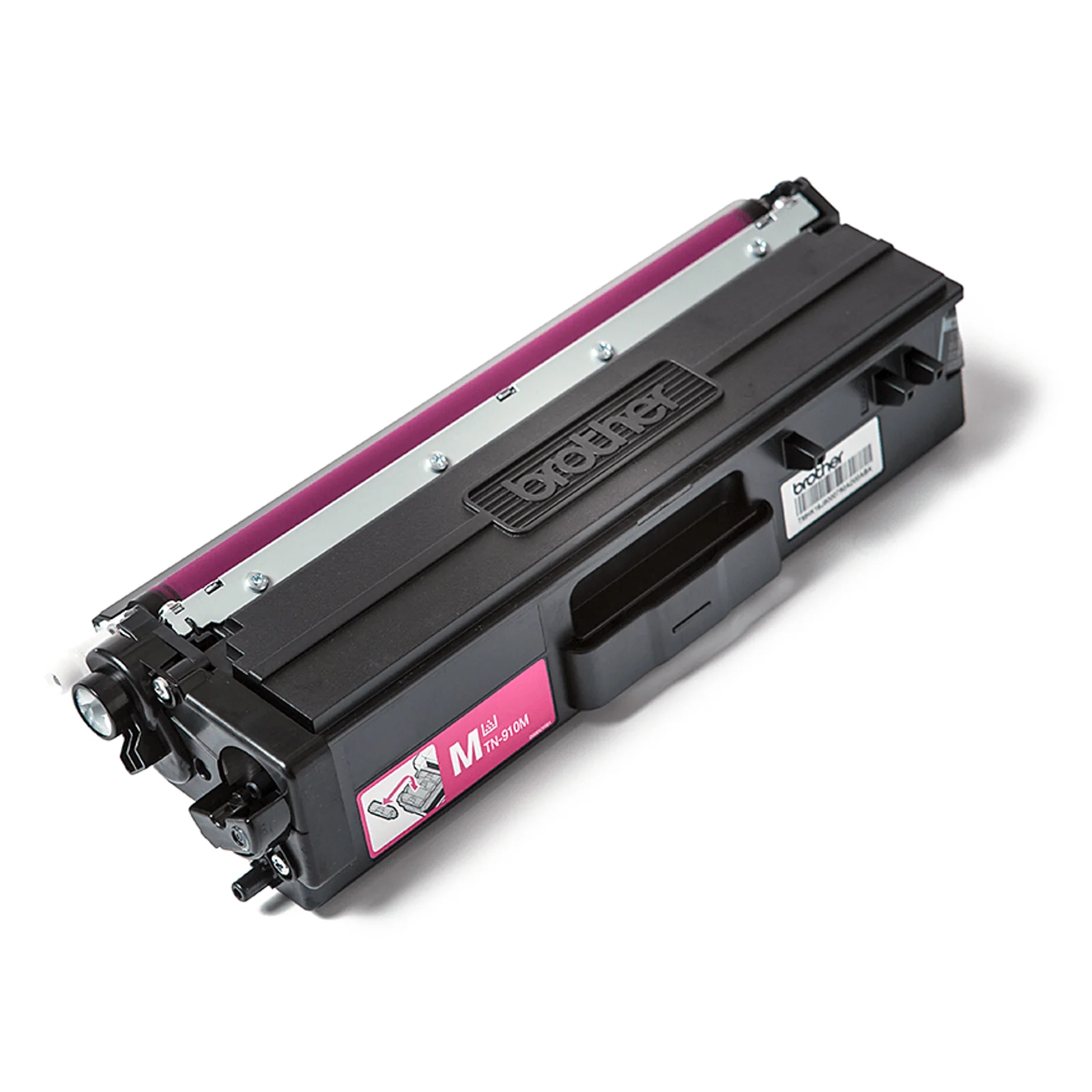 Cartouche Brother TN-910M en plastique noir avec bande magenta vue trois quarts avec étiquette d'identification