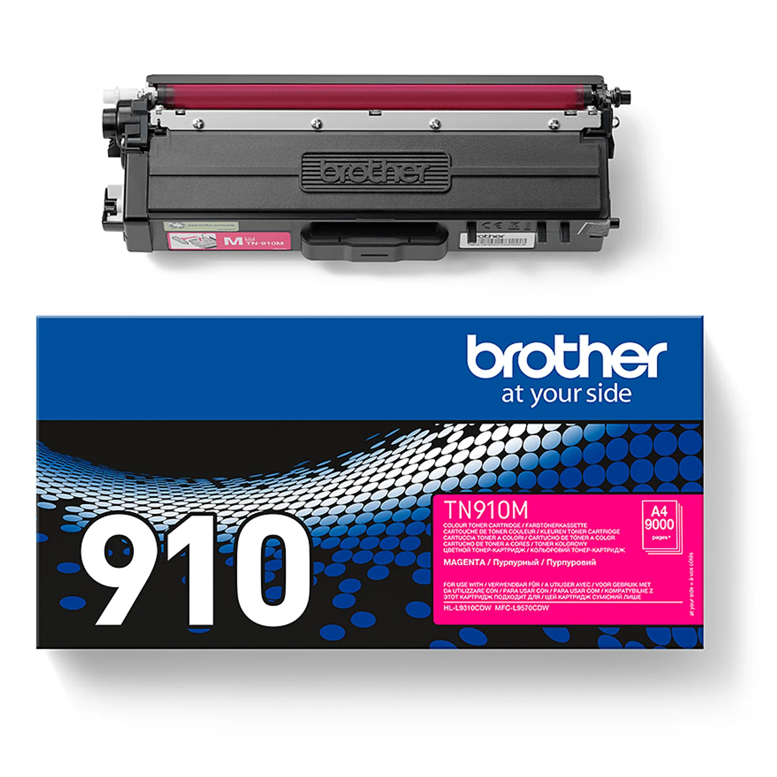 Composition produit avec cartouche TN-910M et boîte bleue Brother visible côte à côte