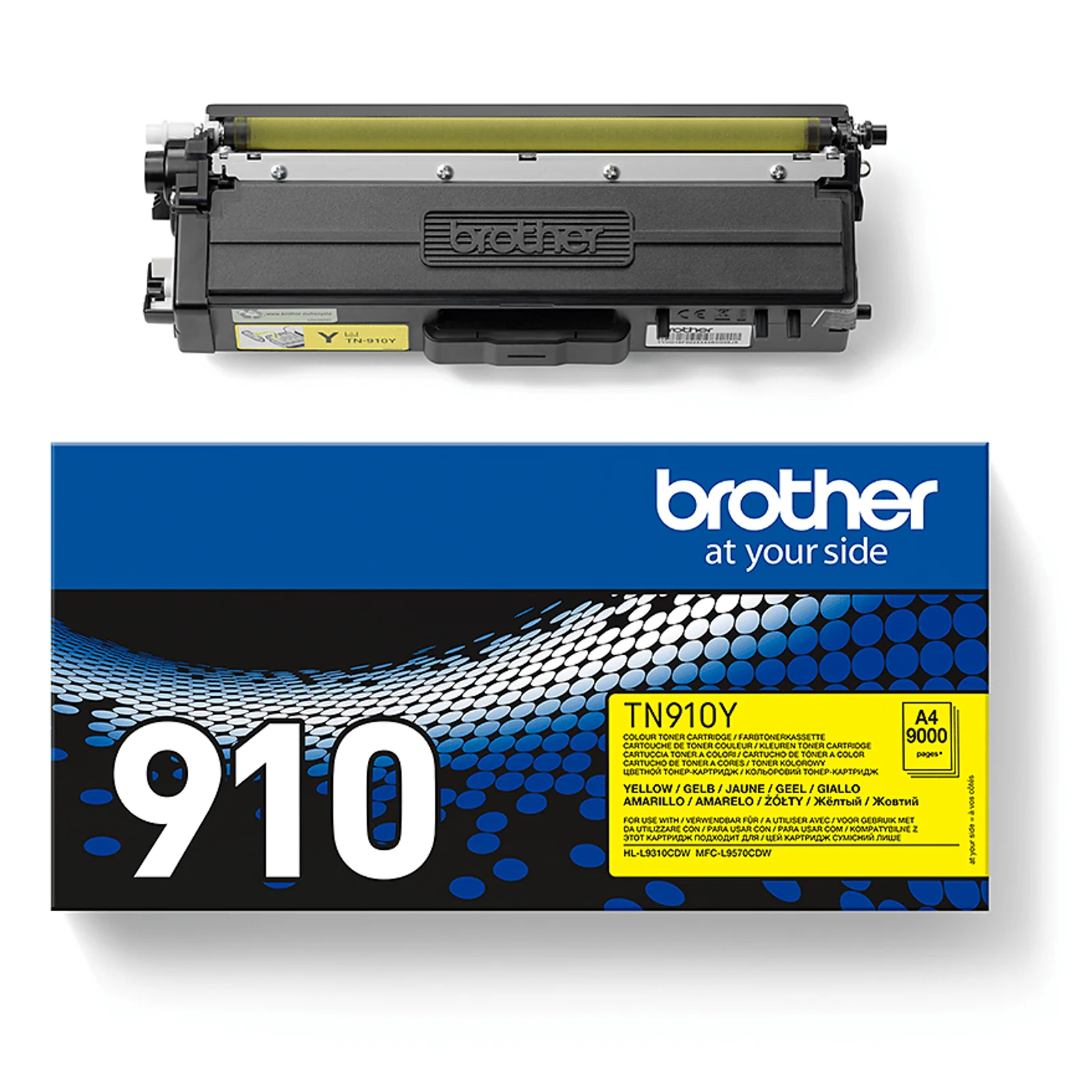 Cartouche Brother TN910Y posée au-dessus de sa boîte 910 jaune fond bleu