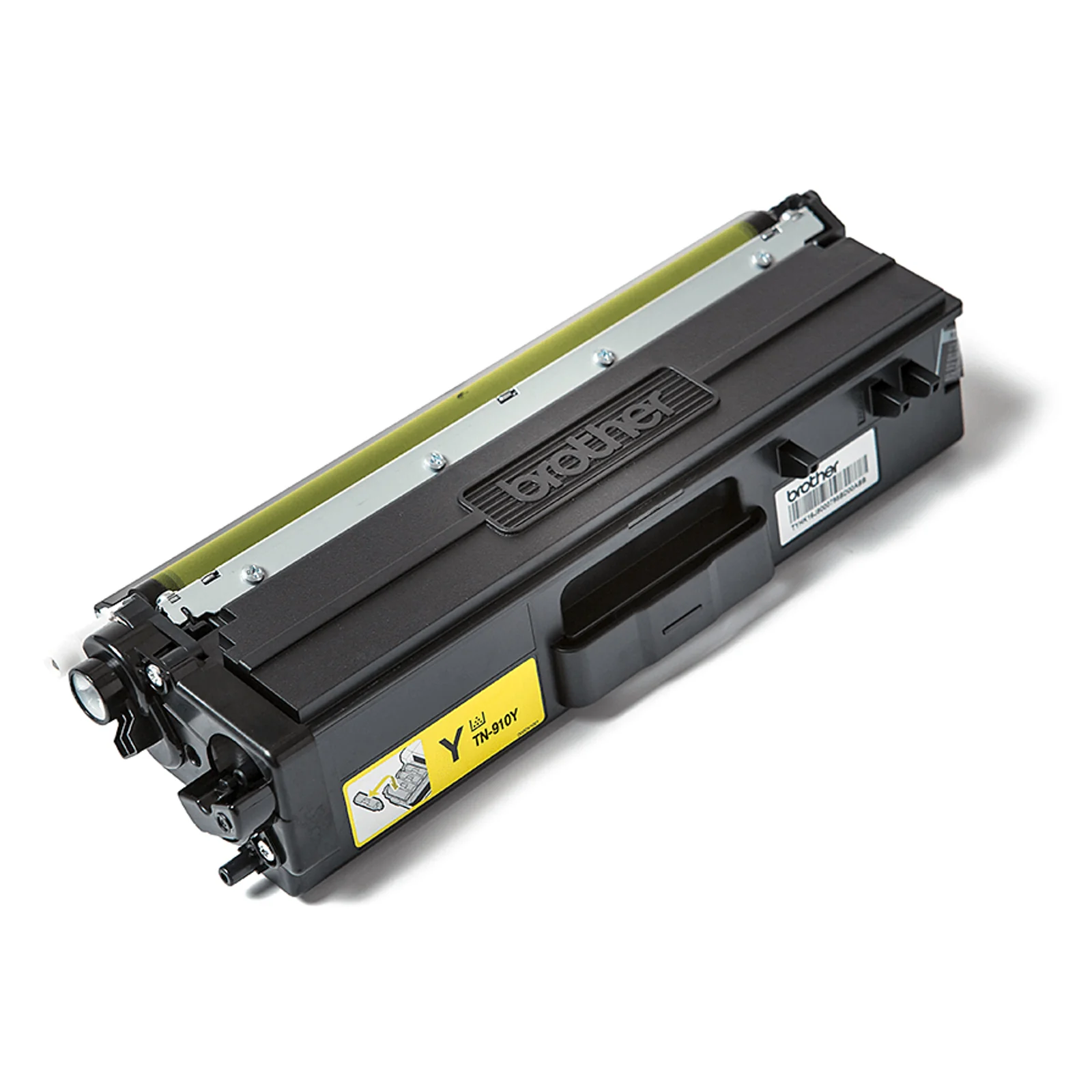 Cartouche Brother TN-910Y noire avec étiquette jaune vue de trois quarts