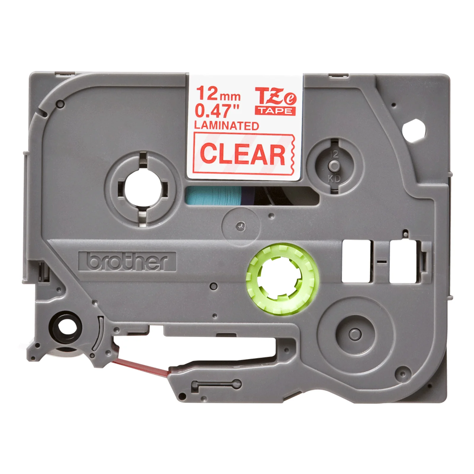 Cassette plastique grise Brother TZe avec spool vert et étiquette laminée transparente indiquant la largeur 12 mm en rouge