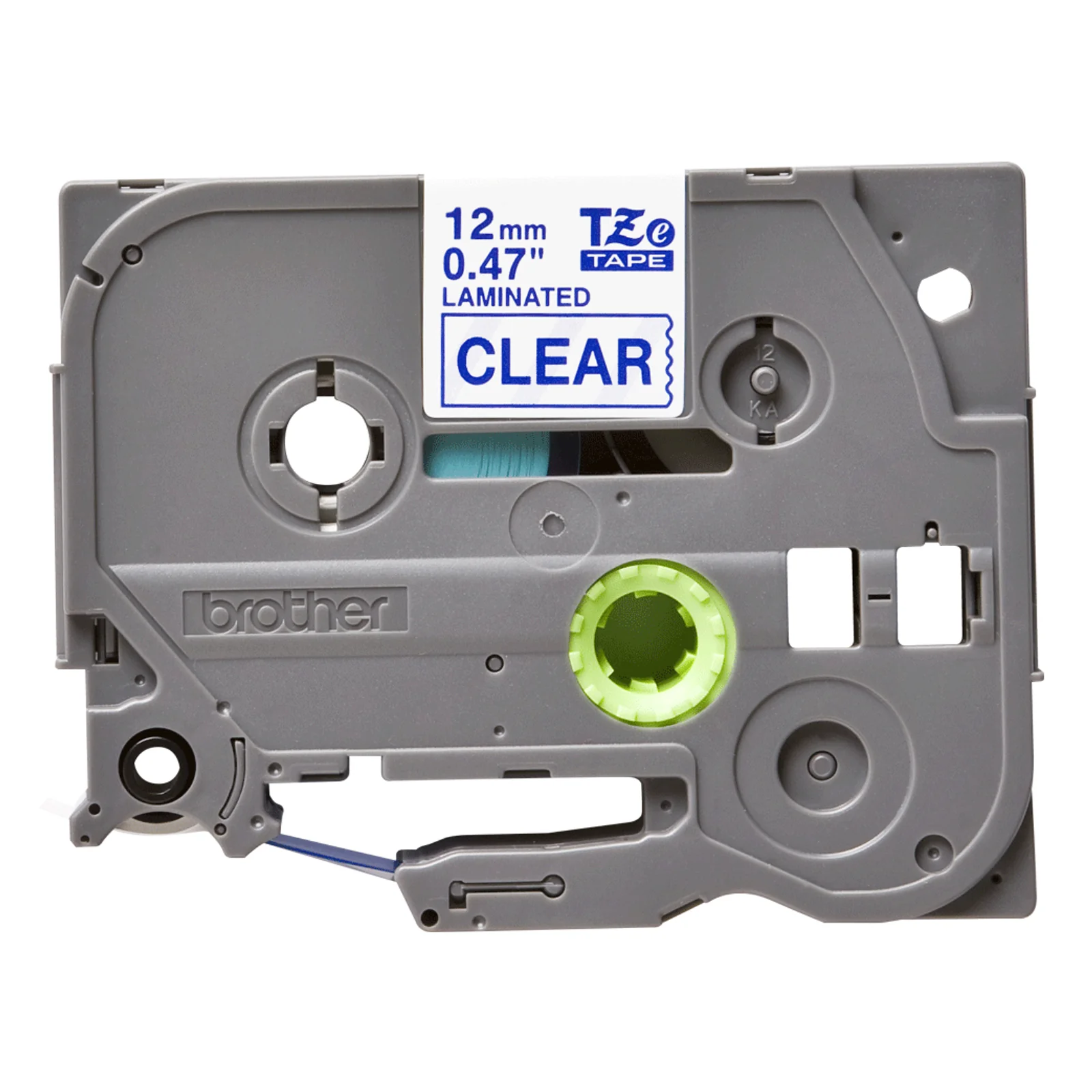 Cassette Brother TZe grise étiquetée 12 mm 0,47 pouce LAMINATED CLEAR avec roue d'entraînement verte