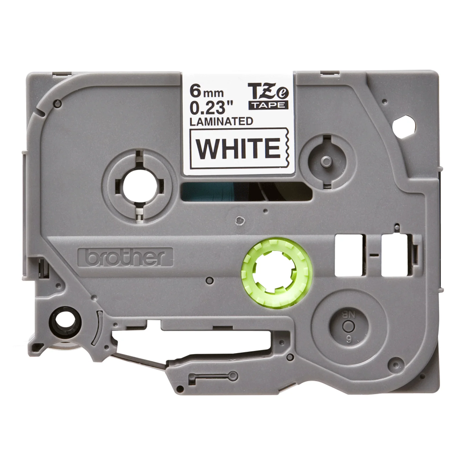 Cassette Brother TZe grise étiquetée 6 mm 0,23 pouce LAMINATED WHITE avec roue d'entraînement verte