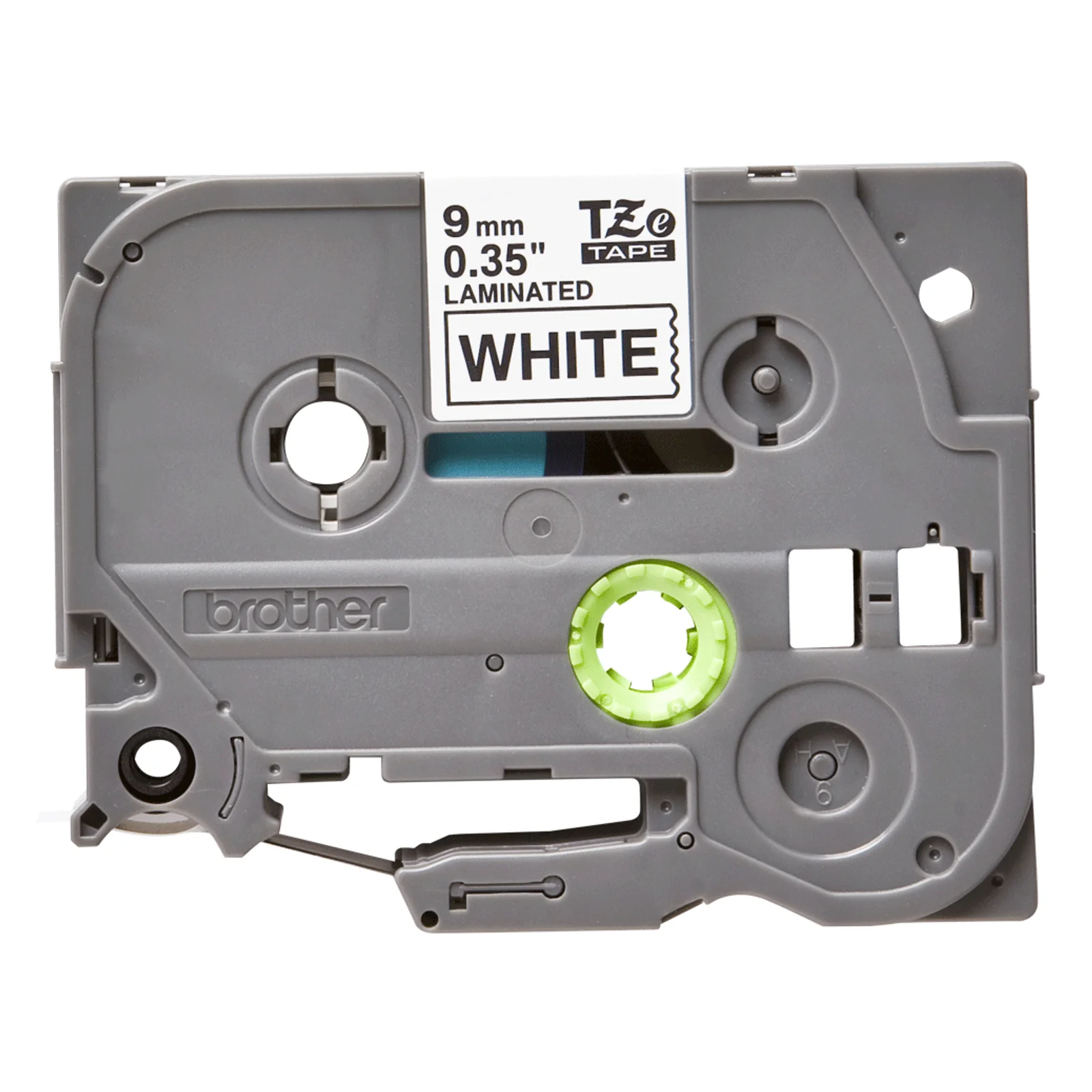 Cassette Brother TZe 9 mm laminée noir sur blanc avec roue d'entraînement verte vue de face dans sa coque grise