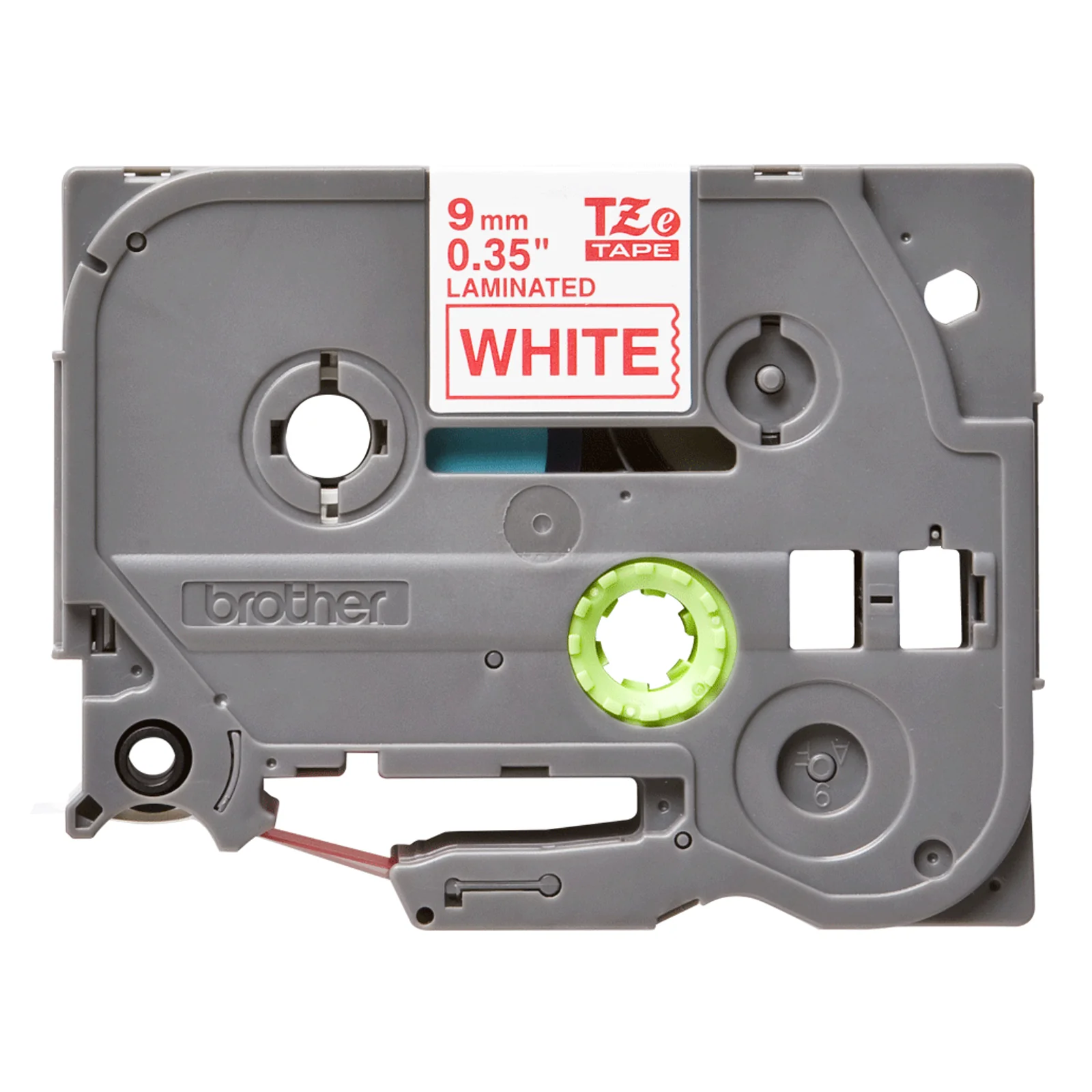 Cassette plastique grise Brother TZe avec spool vert et étiquette laminée blanche affichant 9 mm en rouge