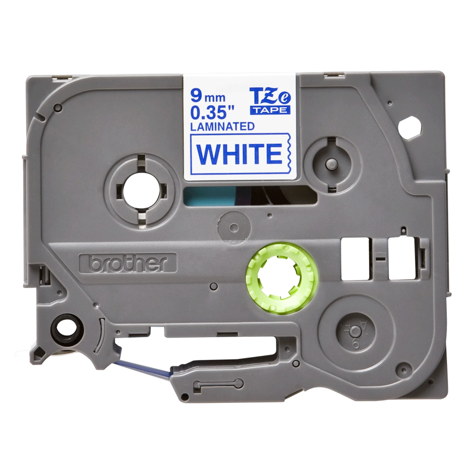 Cassette Brother TZe grise étiquetée 9 mm 0,35 pouce LAMINATED WHITE avec mécanisme d'entraînement vert