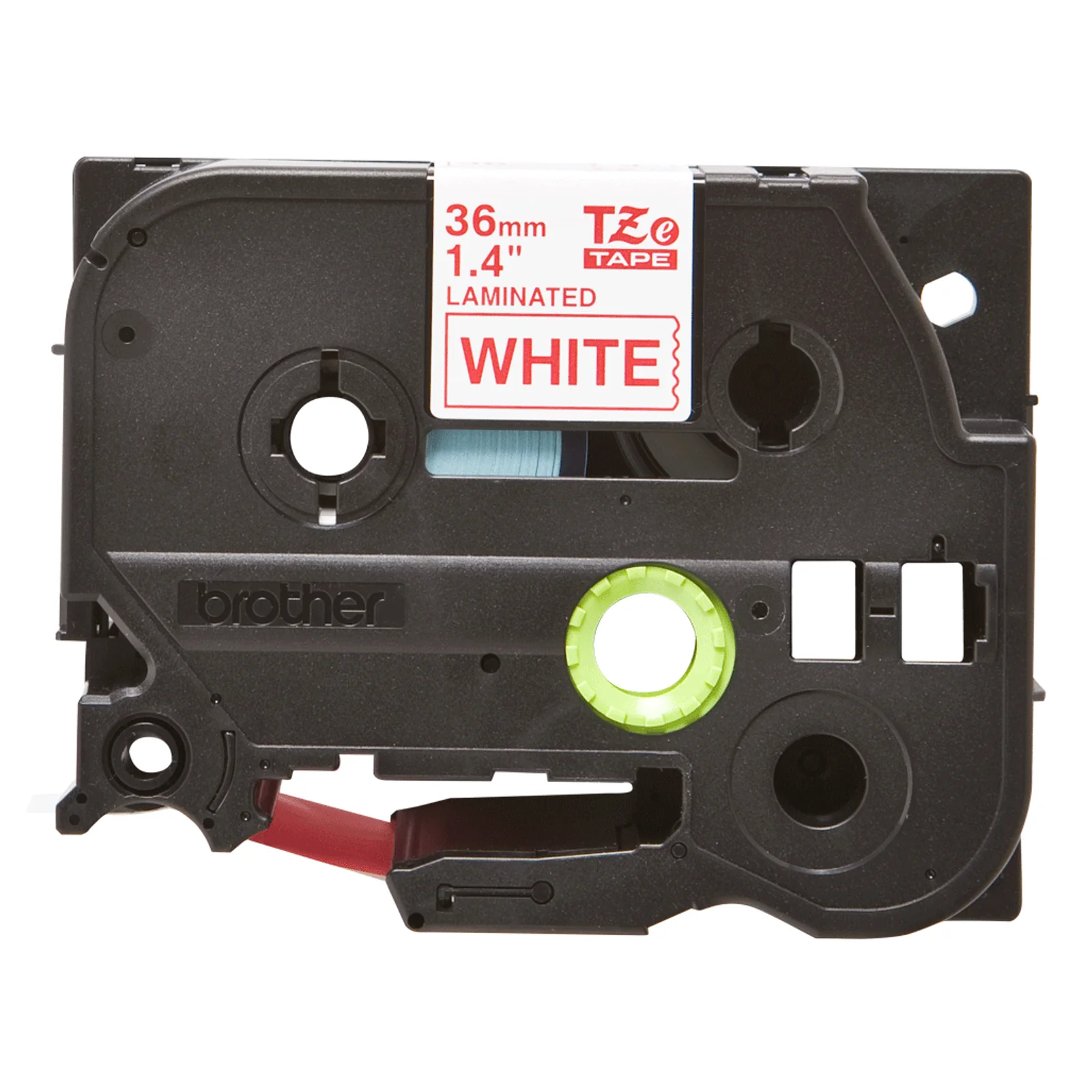 Cassette Brother TZe gris anthracite vue de face, étiquette 36 mm laminé rouge sur blanc, axe vert P-touch