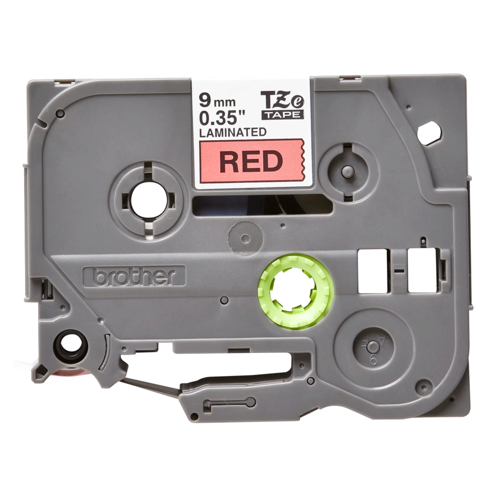 Cassette Brother TZe grise vue de face avec étiquette indiquant 9 mm 0,35 pouce LAMINATED RED, axe central vert et logo Brother gravé sur la coque