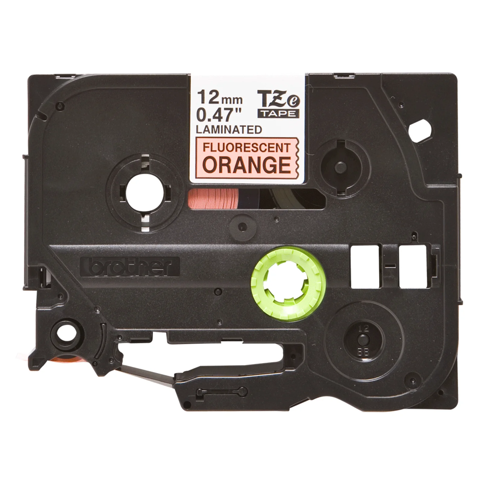 Cassette Brother TZe noire vue de face avec etiquette 12 mm Laminated Fluorescent Orange et axe vert au centre