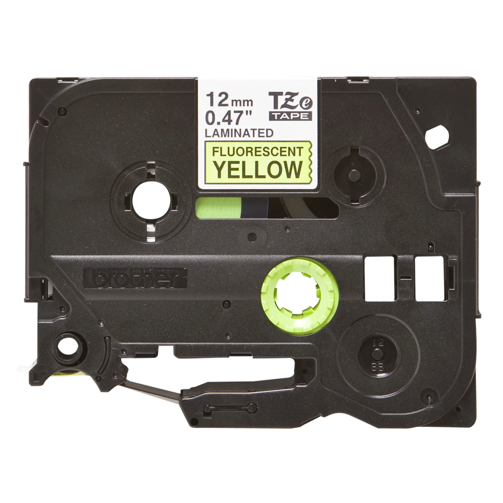 Cassette Brother TZe 12 mm laminée fluorescent yellow avec étiquette identifiant la couleur jaune fluo sur boîtier noir