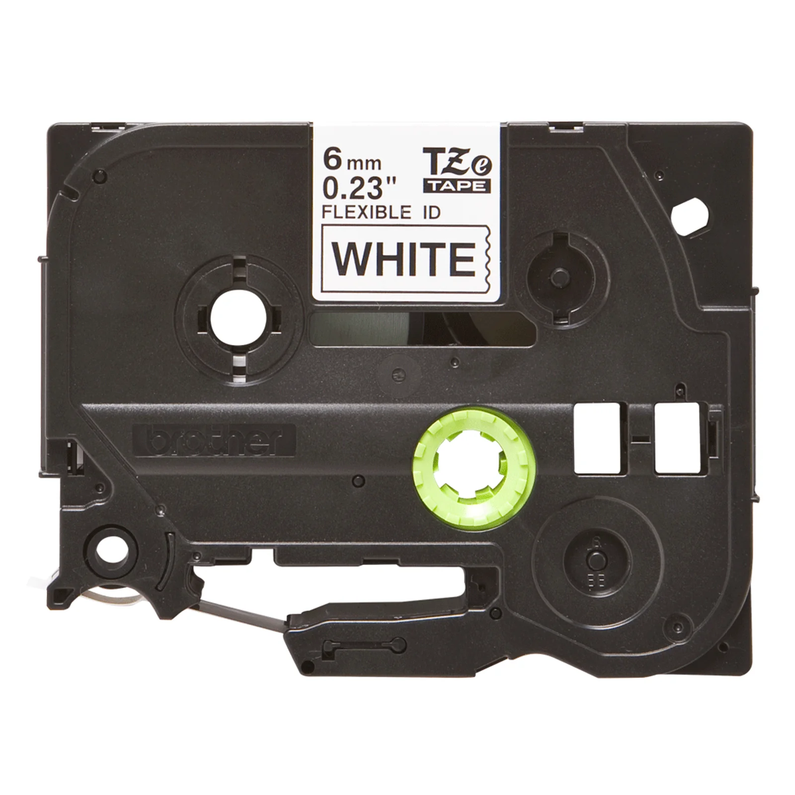 Cassette Brother TZe noire vue de face avec étiquette indiquant 6 mm 0,23 pouce Flexible ID White et molette d'entraînement verte