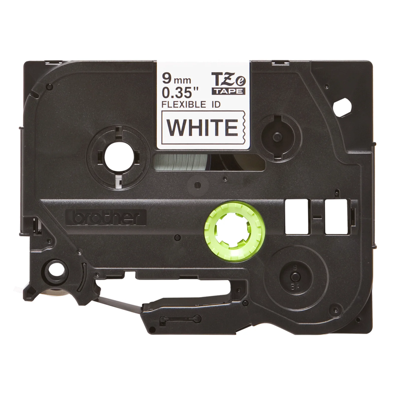 Cassette grise Brother TZe vue de face indiquant 9 mm 0,35 pouces flexible ID white avec moyeu central vert