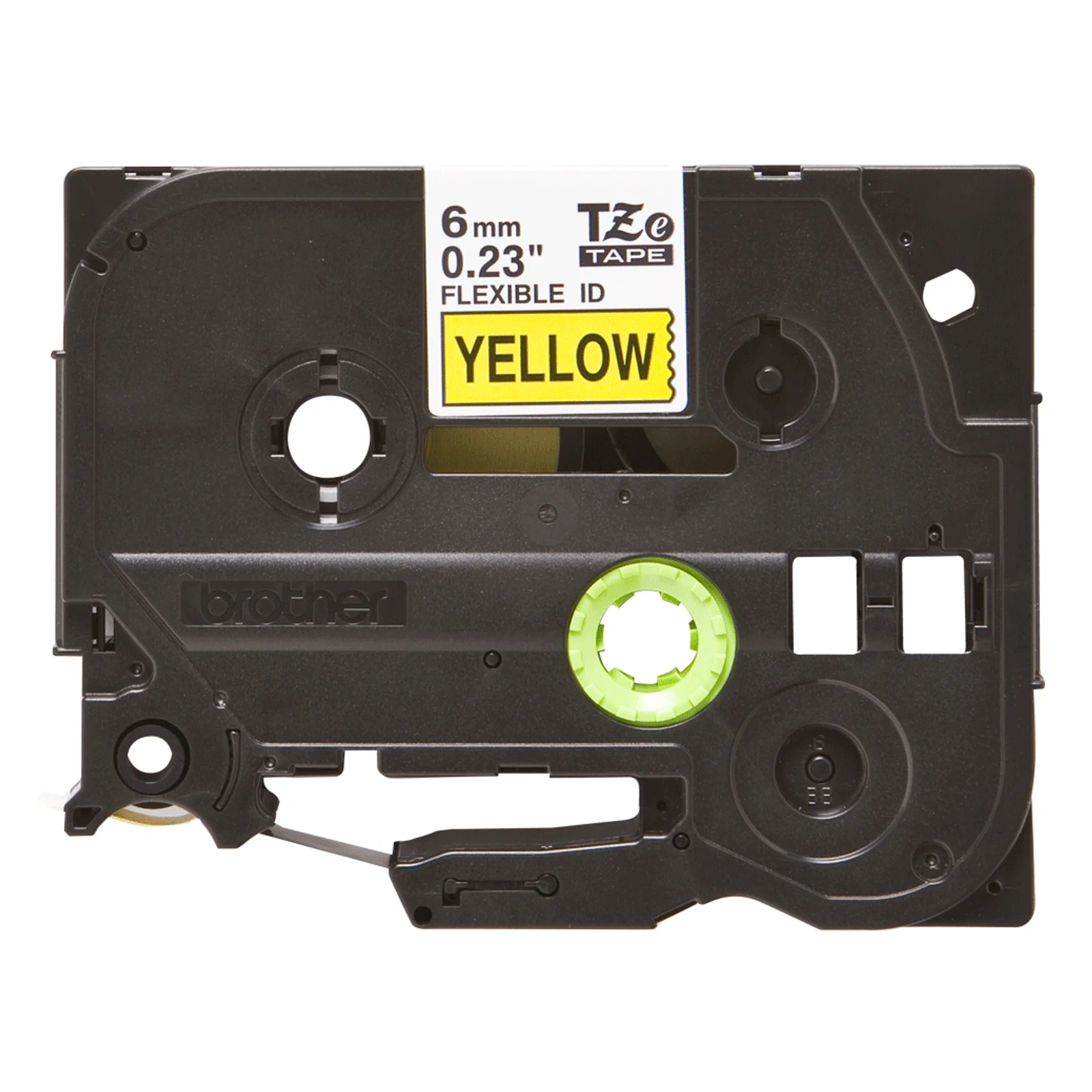 Cassette Brother TZe vue de face avec étiquette 6 mm Flexible ID Yellow et logo Brother en relief sur le boîtier noir