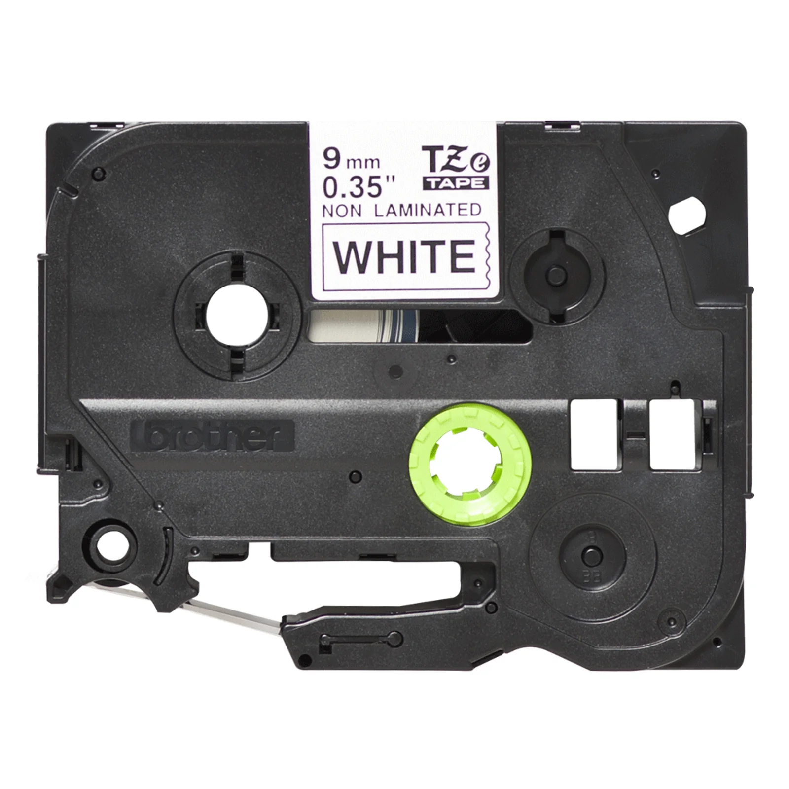 Cassette Brother TZe noire avec rouleau de ruban 9 mm non laminated white, marquage 0,35 inch et bobines visibles