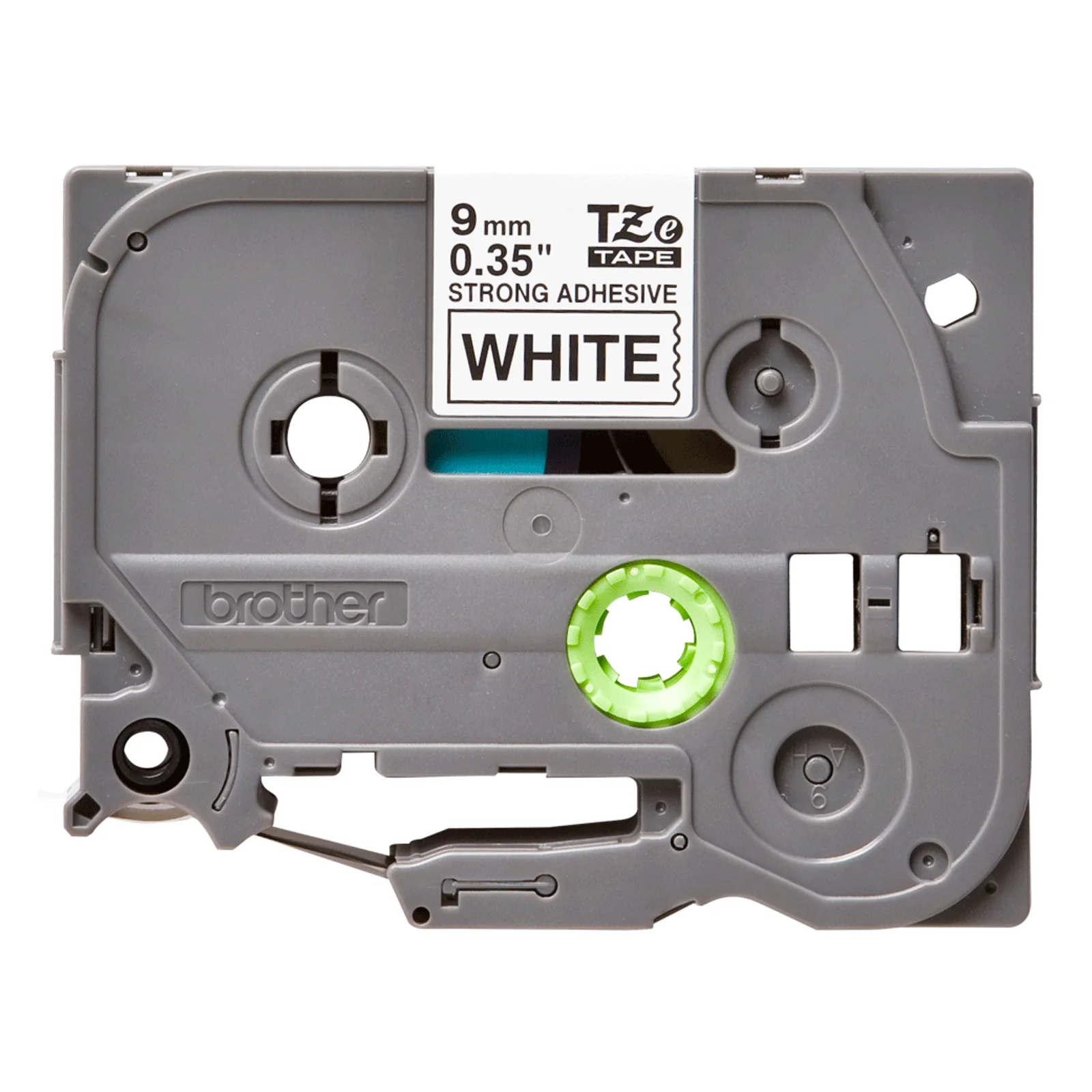 Cassette Brother TZe 9 mm noir sur blanc adhésif renforcé vue de face avec roulette verte centrale