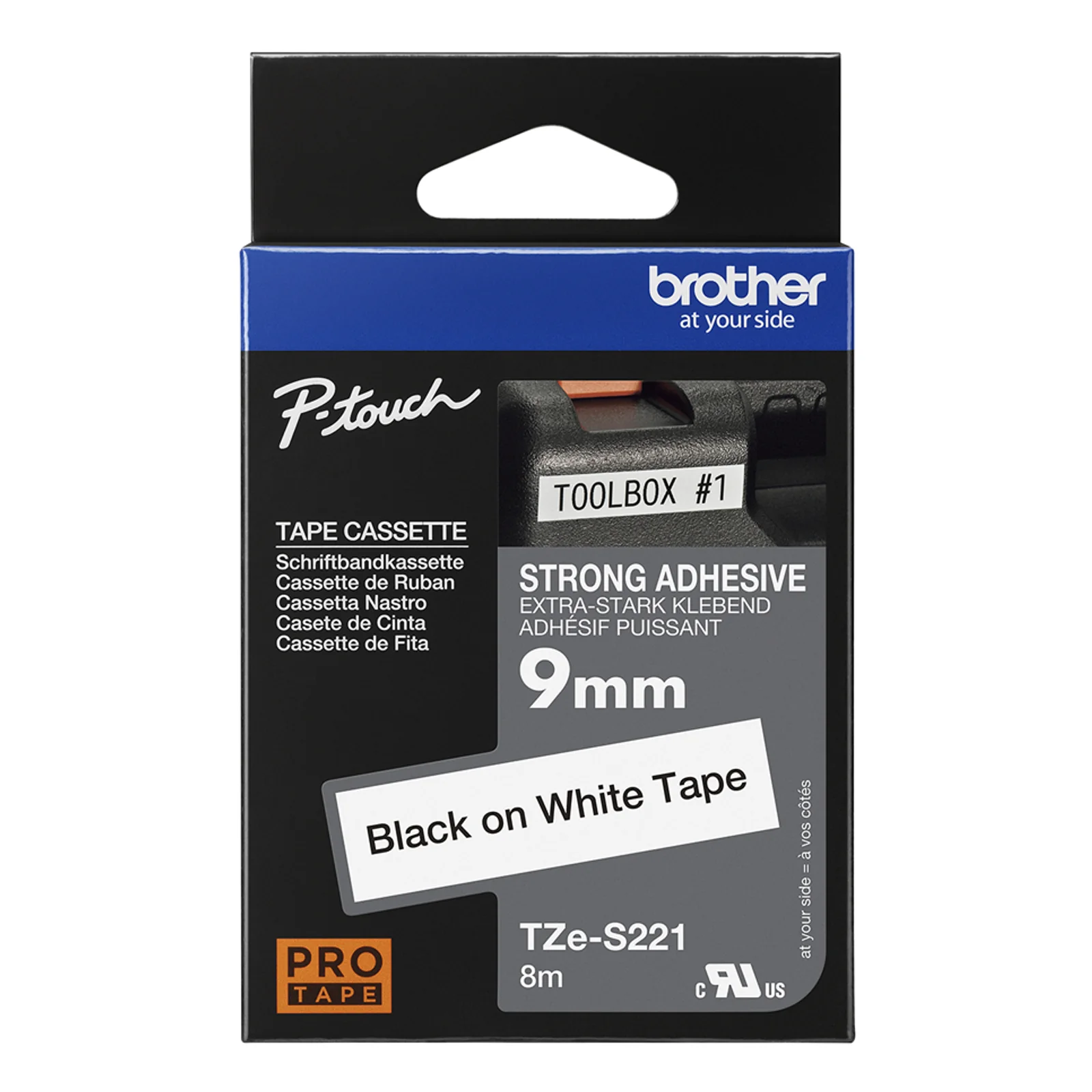 Boîte Brother P-touch TZe-S221 noir sur blanc 9 mm 8 m mention strong adhesive PRO Tape