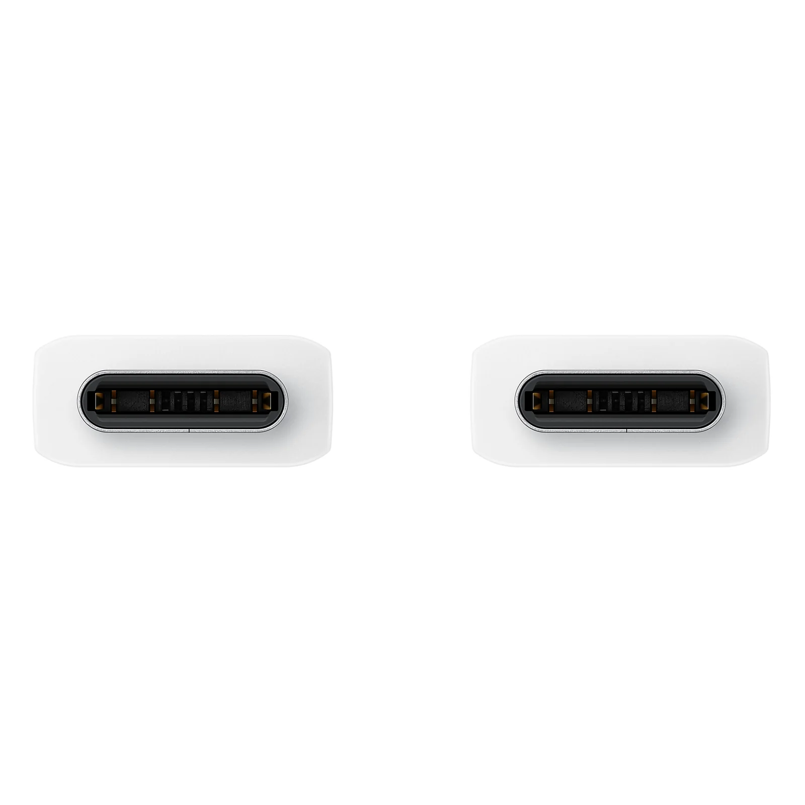 Gros plan sur les deux extrémités USB-C blanches du câble Samsung EP-DX310JWEGEU, faces des connecteurs côte à côte