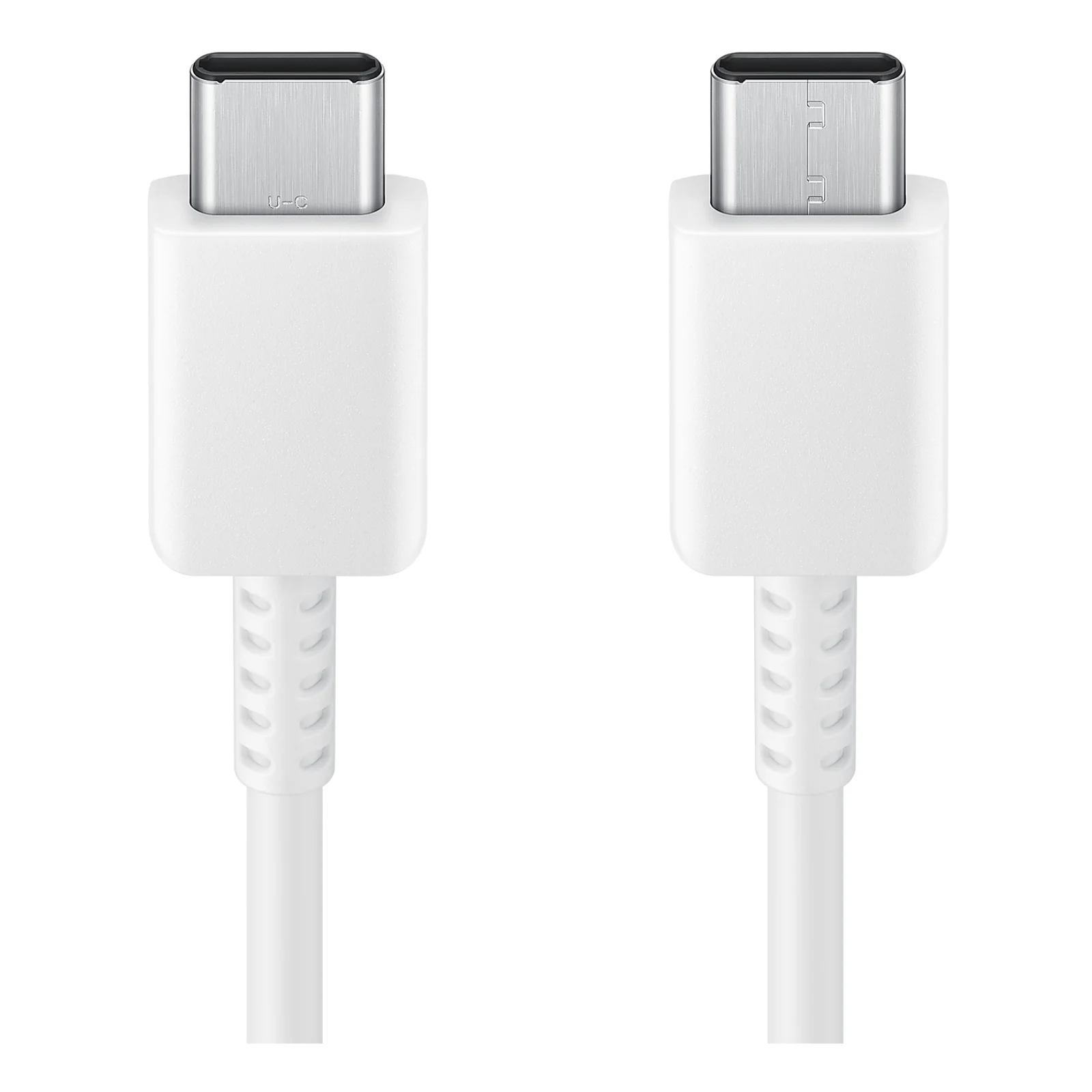 Vue rapprochée des deux connecteurs USB-C blancs du câble Samsung EP-DX310JWEGEU, coque argentée brossée et inscription U-C visible