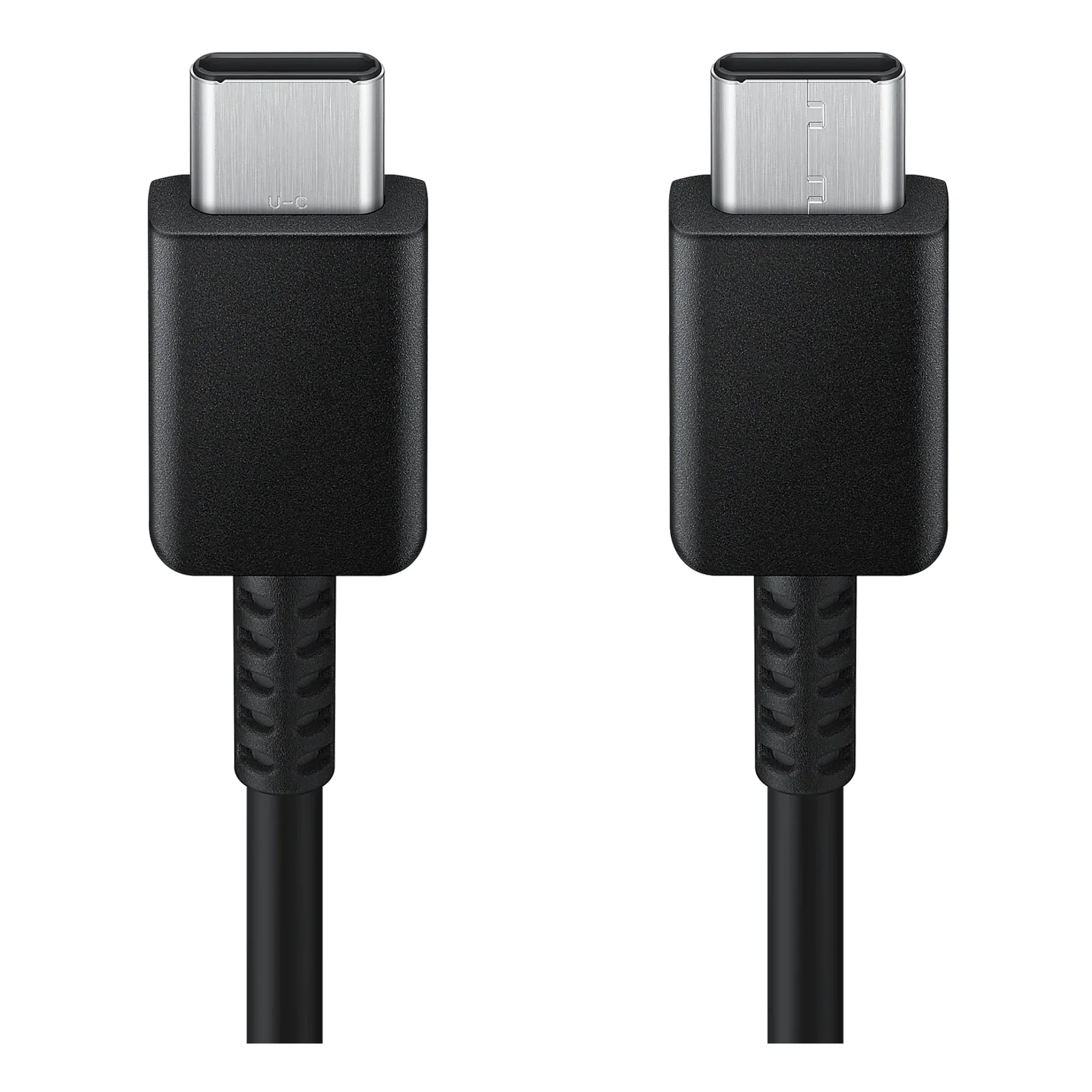 Vue rapprochée des deux connecteurs USB-C noirs du câble Samsung EP-DX310JBEGEU, coques et gaine en plastique noir