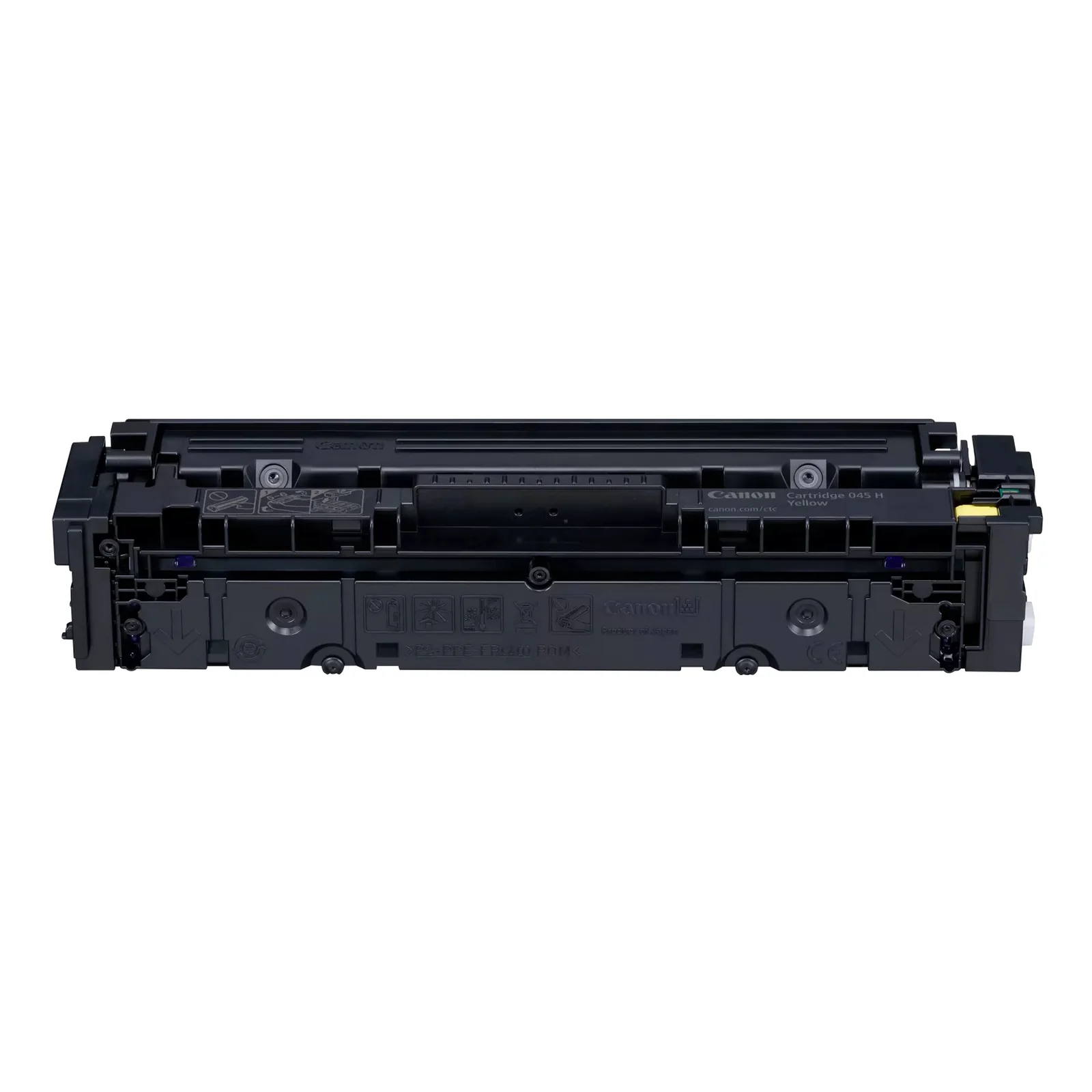 Cartouche de toner Canon 045 H Yellow vue de face, corps plastique noir avec étiquette latérale jaune et marquages techniques