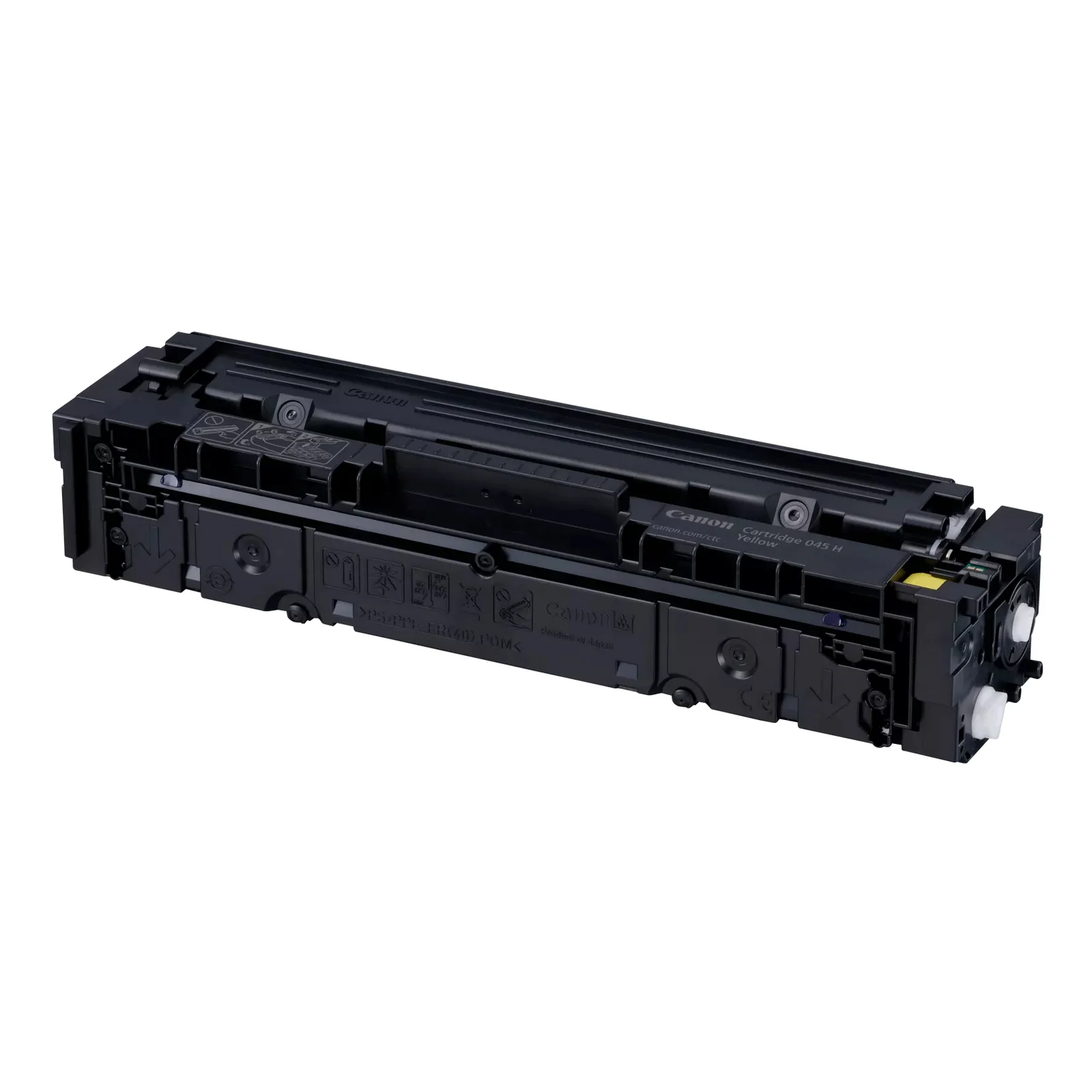 Cartouche de toner Canon 045 H Yellow vue trois-quarts, repère de couleur jaune et étiquettes de tri produites au Japon