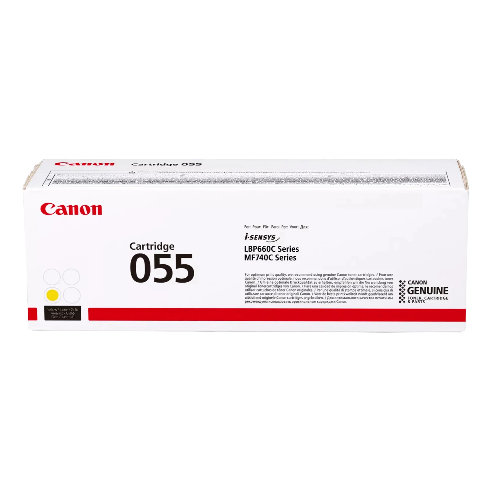 Boîte blanche et rouge Canon Cartridge 055 jaune de face, toner d'origine pour imprimantes laser i-SENSYS LBP660C et MF740C series