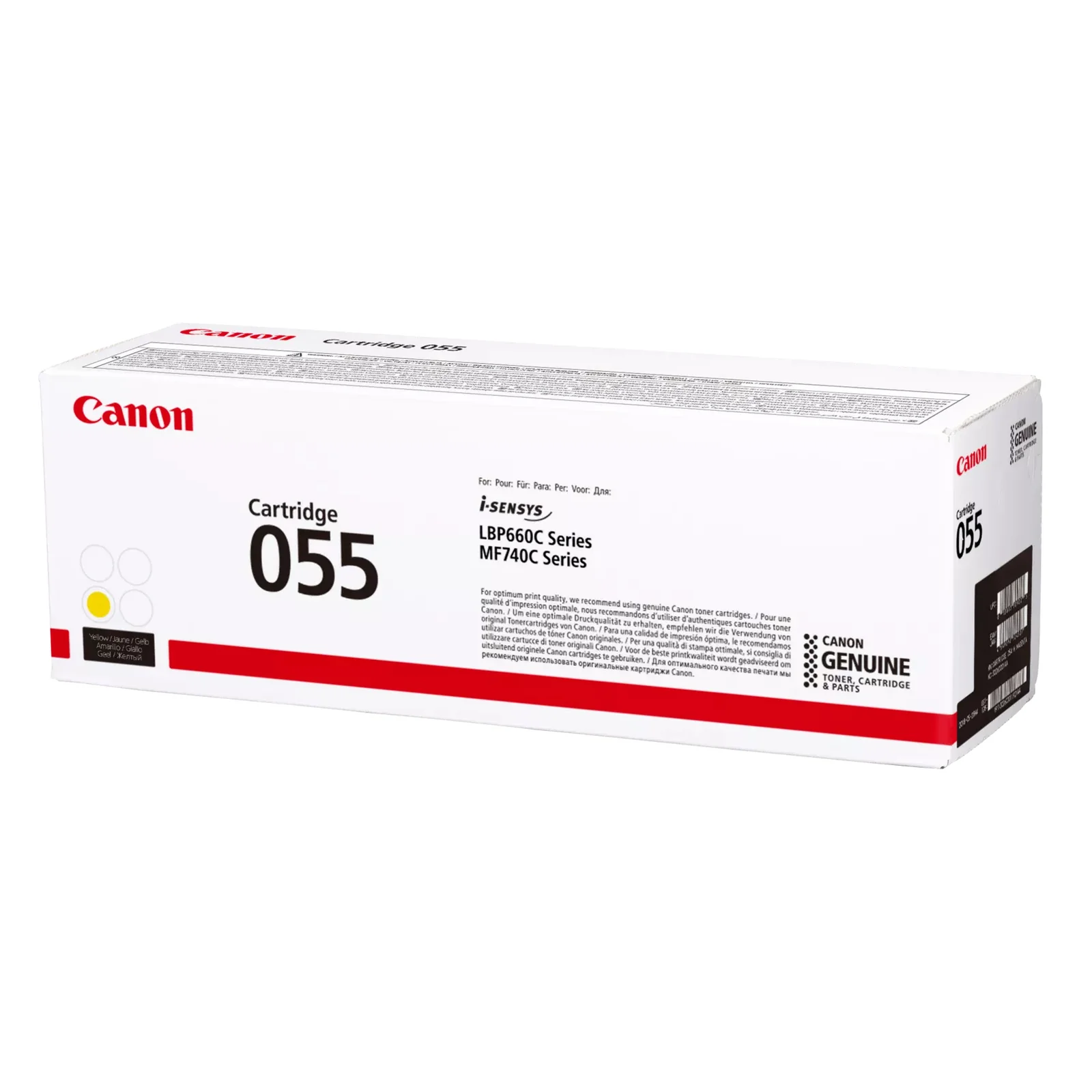 Boîte d'emballage Canon Cartridge 055 jaune vue de trois quarts, mention Canon Genuine et compatibilité LBP660C MF740C series