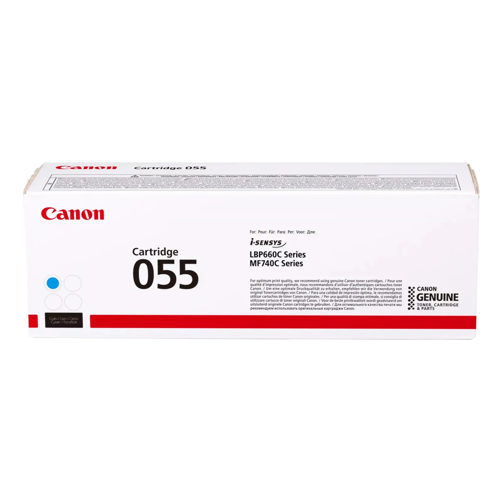 Boîte fermée Canon Cartridge 055 cyan vue de face, mentions i-SENSYS LBP660C Series et MF740C Series et logo Canon Genuine en latéral