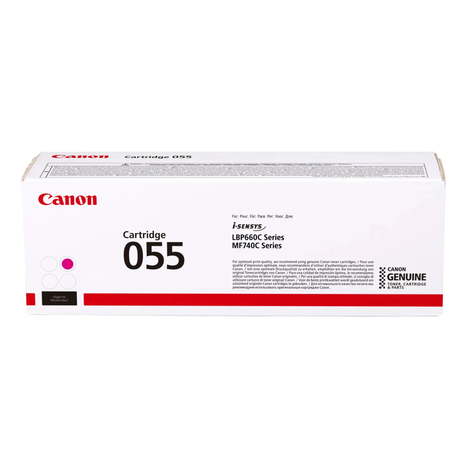 Boîte Canon Cartridge 055 magenta vue de face avec pastille magenta indiquant la couleur, pour i-SENSYS LBP660C et MF740C