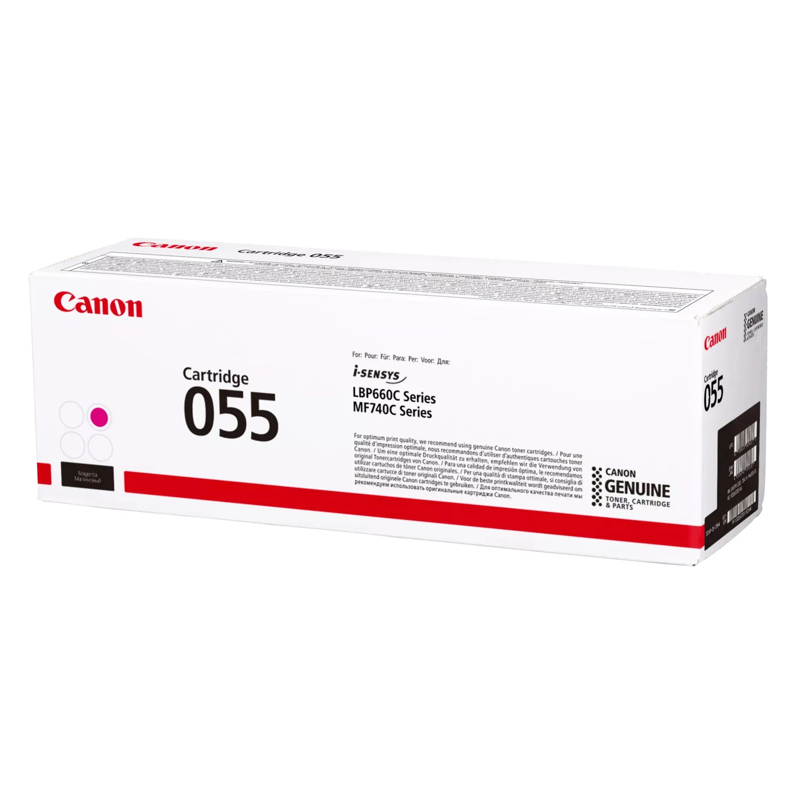 Boîte Canon Cartridge 055 magenta vue trois quarts avec bandeau rouge et logo Canon Genuine sur fond blanc