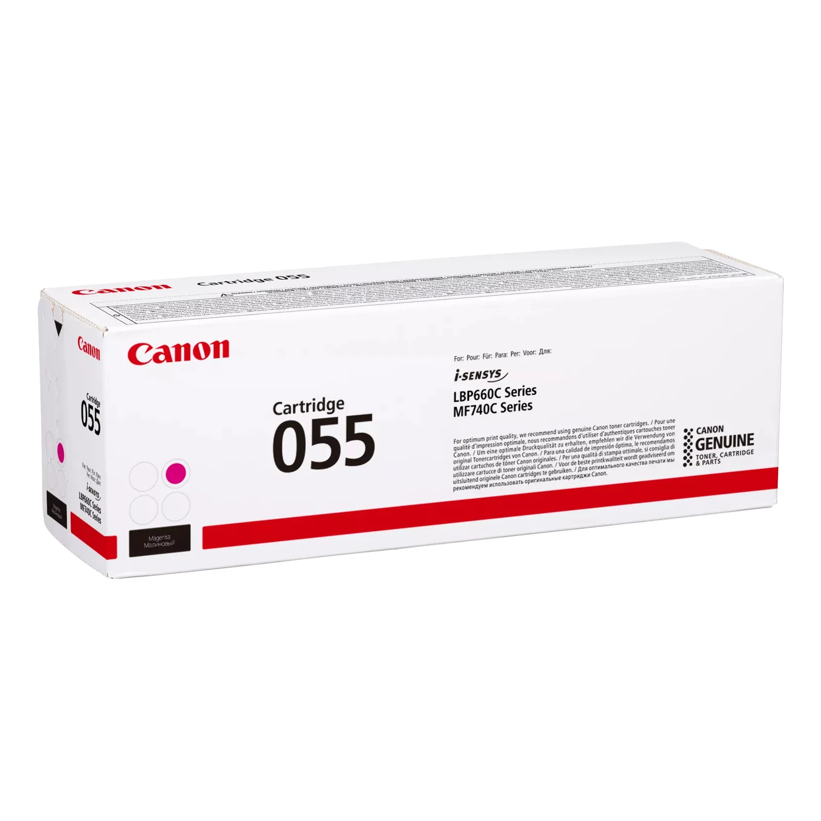 Boîte Canon Cartridge 055 magenta vue trois quarts opposée, mention i-SENSYS LBP660C et MF740C visible sur l'avant