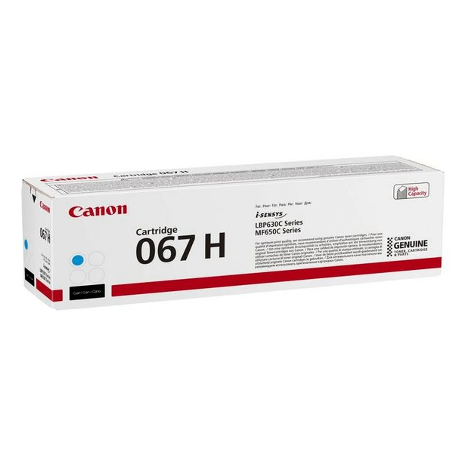 Emballage Canon 067H cyan en perspective trois quarts avec mention High Capacity et séries i-SENSYS