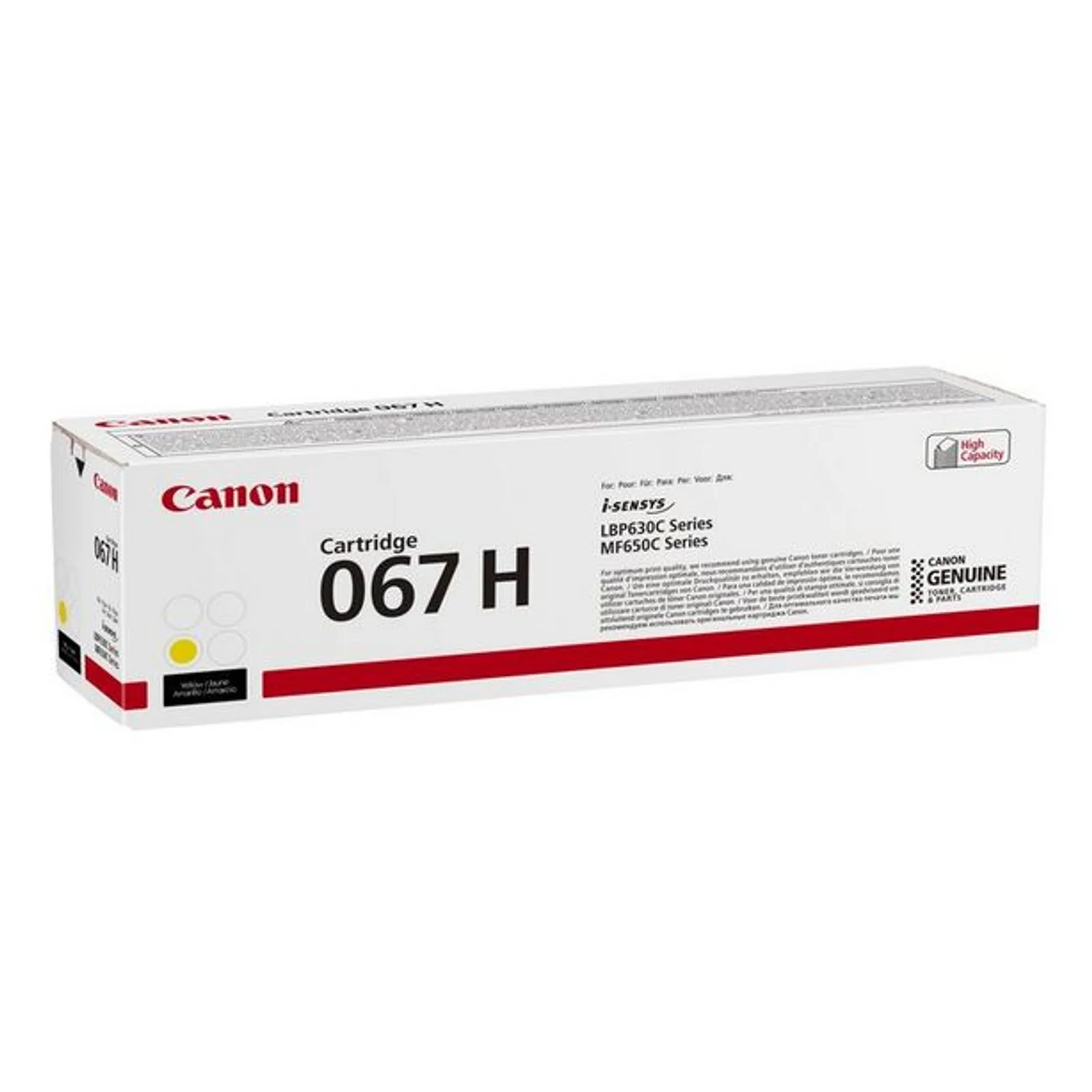 Boîte Canon 067H jaune vue trois quarts gauche avec liseré rouge et logo Canon Genuine