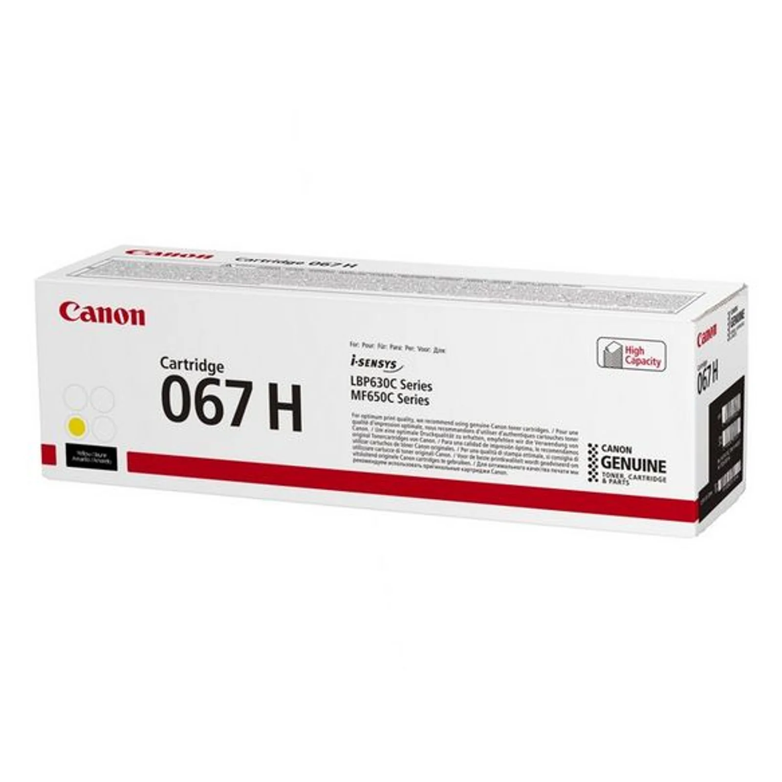 Boîte Canon 067H jaune vue trois quarts droite avec code-barres et mention High Capacity