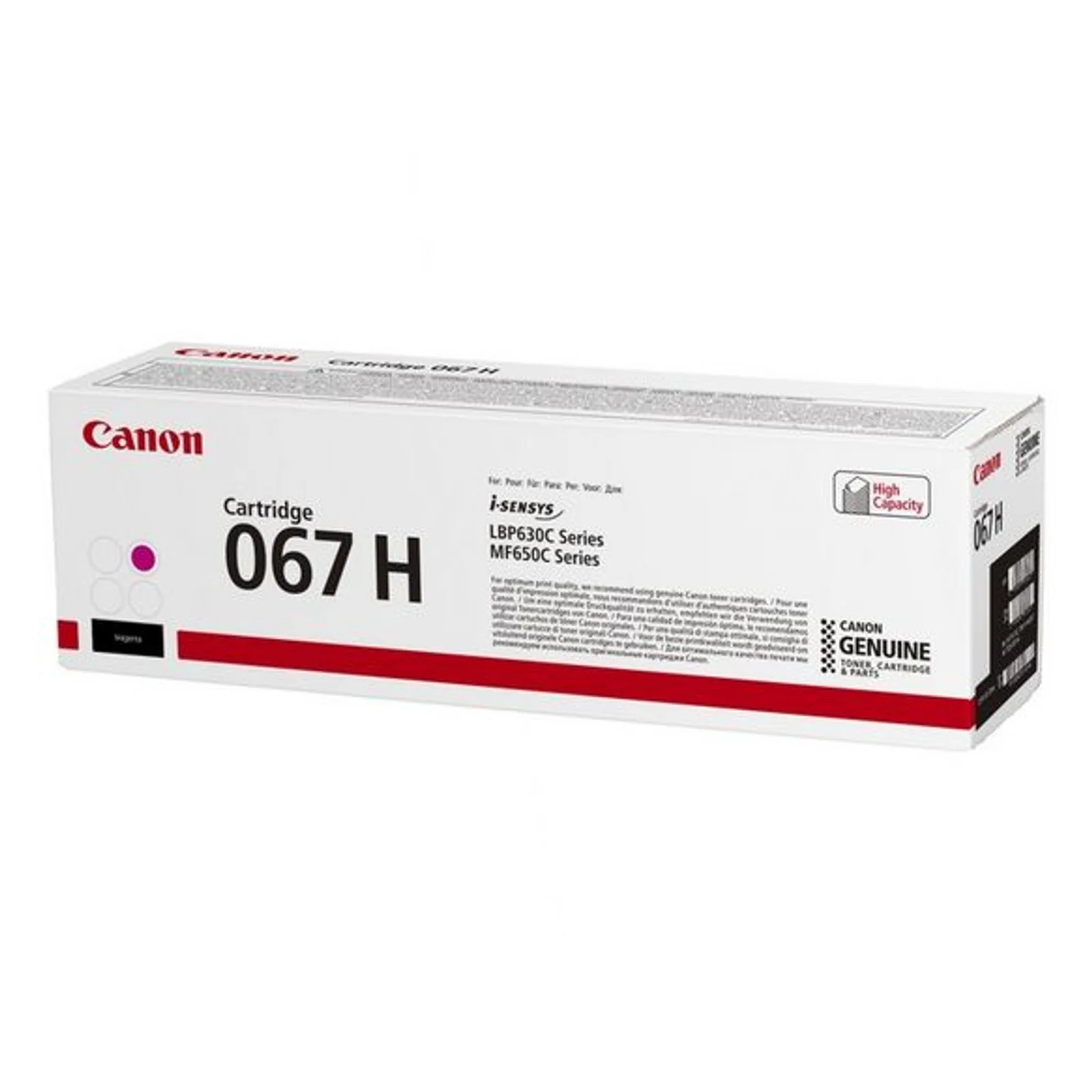 Carton Canon Cartridge 067H magenta de profil avec bandeau rouge et mention Canon Genuine