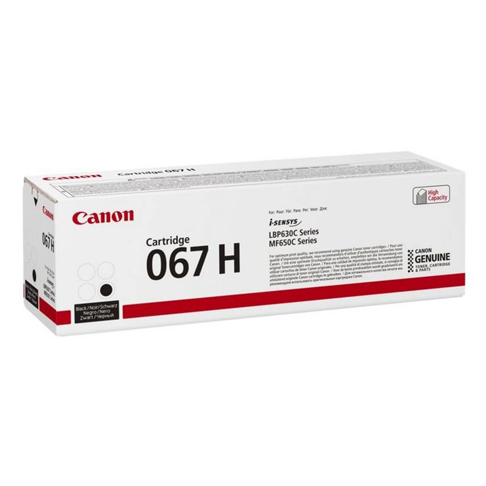 Carton Canon Cartridge 067H noir de profil avec bandeau rouge et mention Canon Genuine sur fond blanc