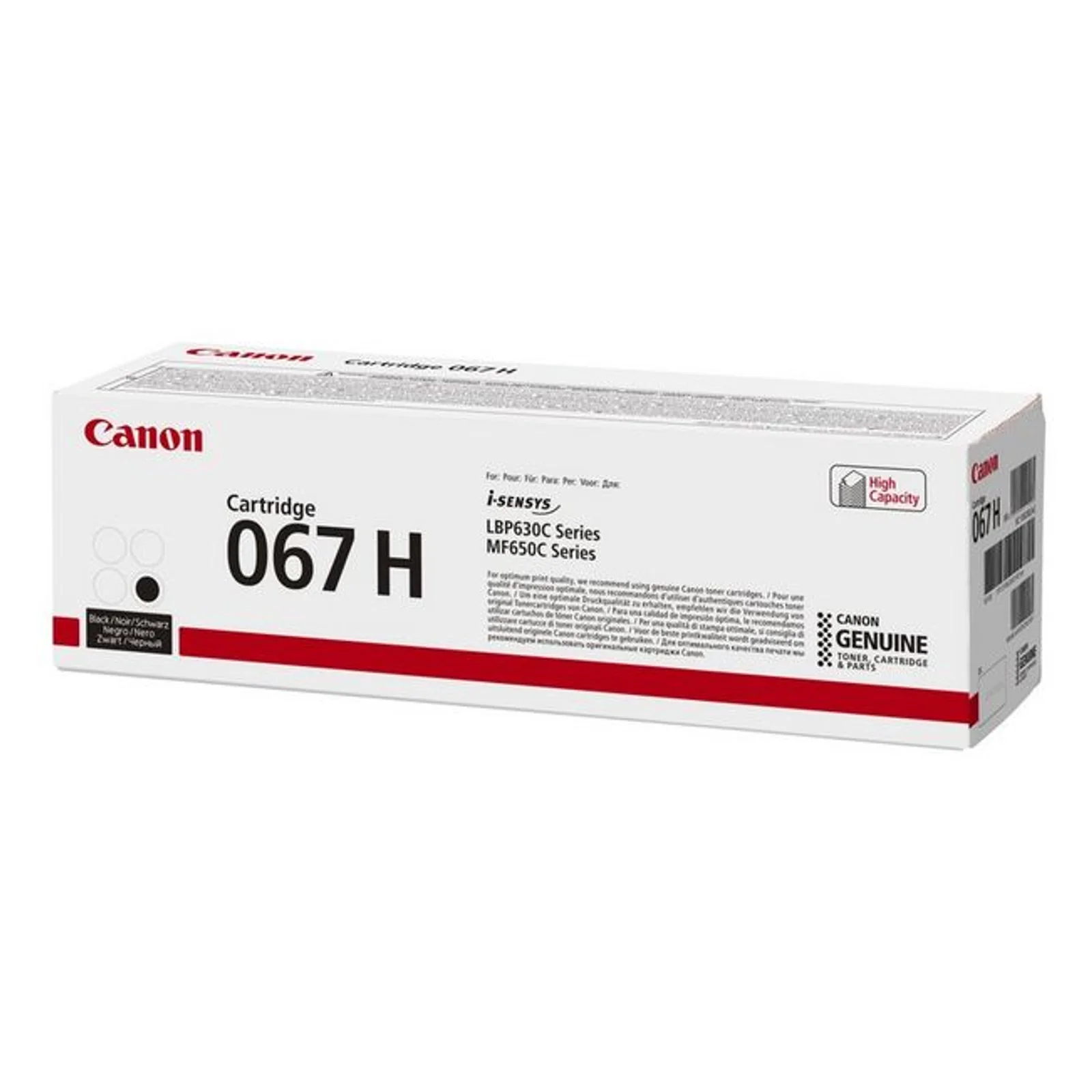 Emballage Canon 067H noir vue trois quarts avec marquage i-SENSYS LBP630C et MF650C Series