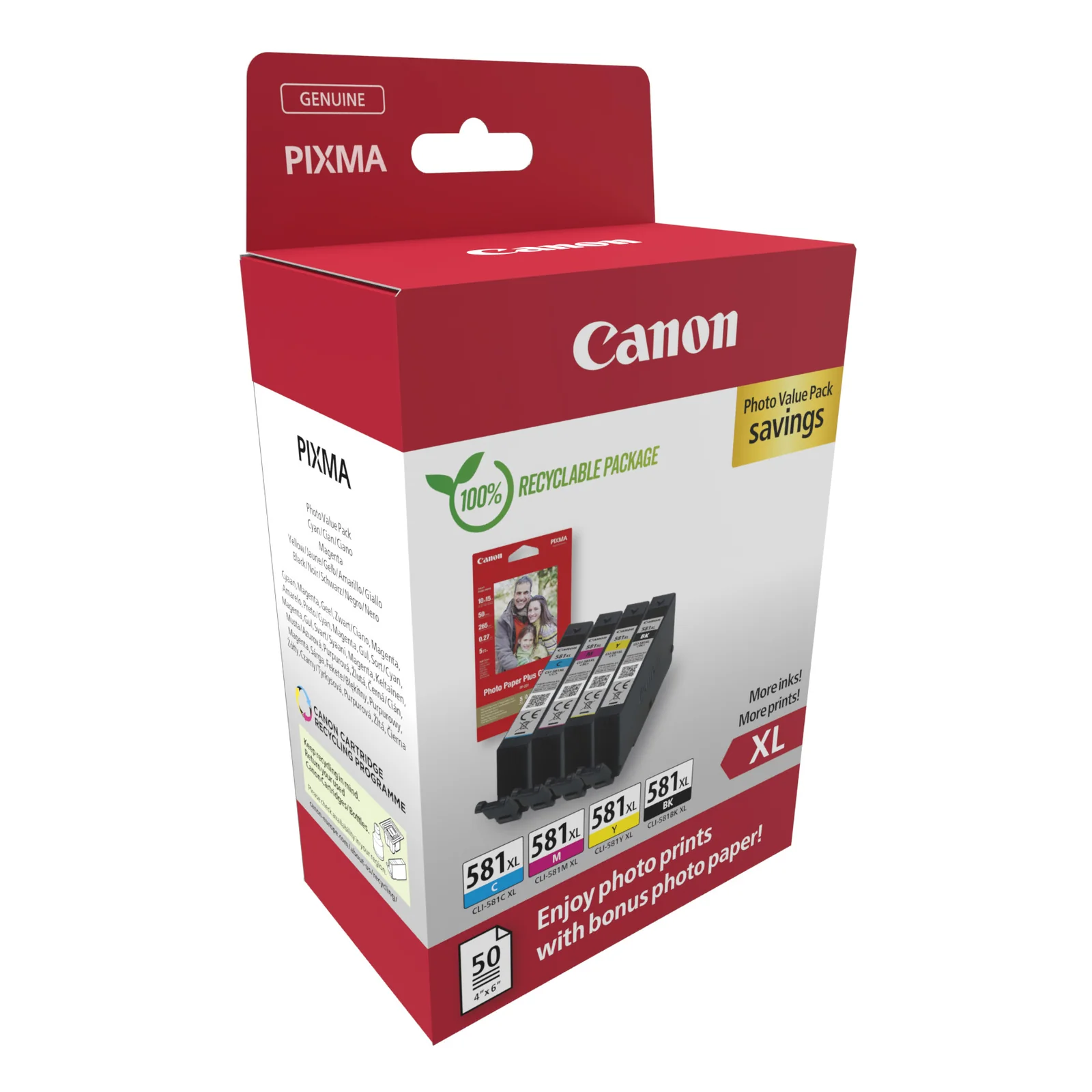 Boîte Photo Value Pack Canon PIXMA, 4 cartouches CLI-581XL BK, C, M, Y et papier photo PP-201, vue de trois quarts