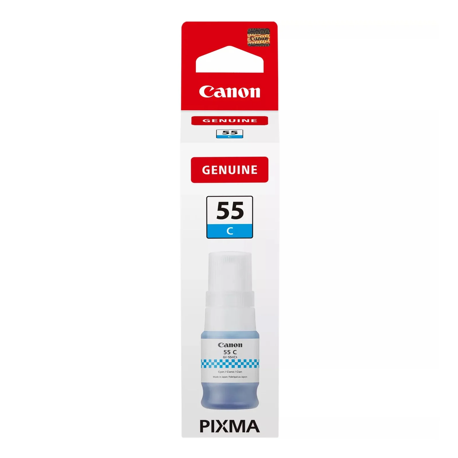 Boîte verticale Canon GI-55 C rouge et blanche avec mention GENUINE et logo PIXMA, vue de face