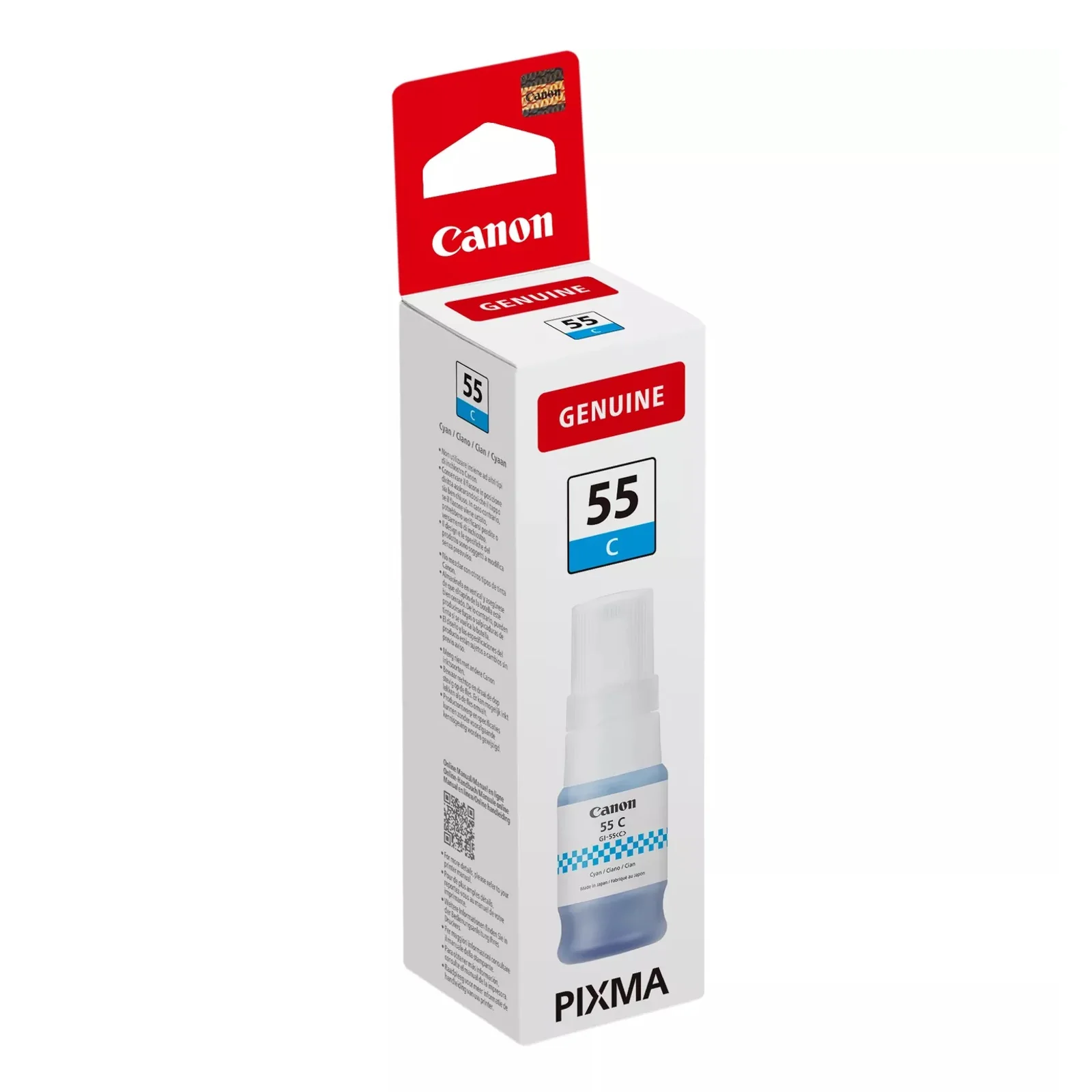 Emballage Canon GI-55 C en perspective trois quarts montrant face avant et côté avec textes multilingues