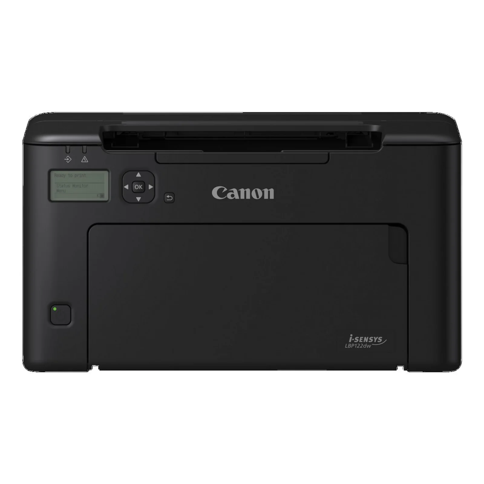Vue avant de la Canon LBP122dw avec écran LCD, pavé directionnel et marquage i-SENSYS