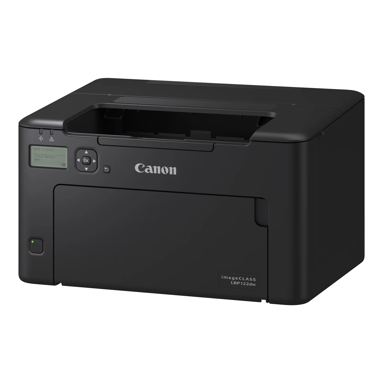 Canon LBP122dw vue trois quarts mettant en valeur l'angle compact noir mat de l'imprimante