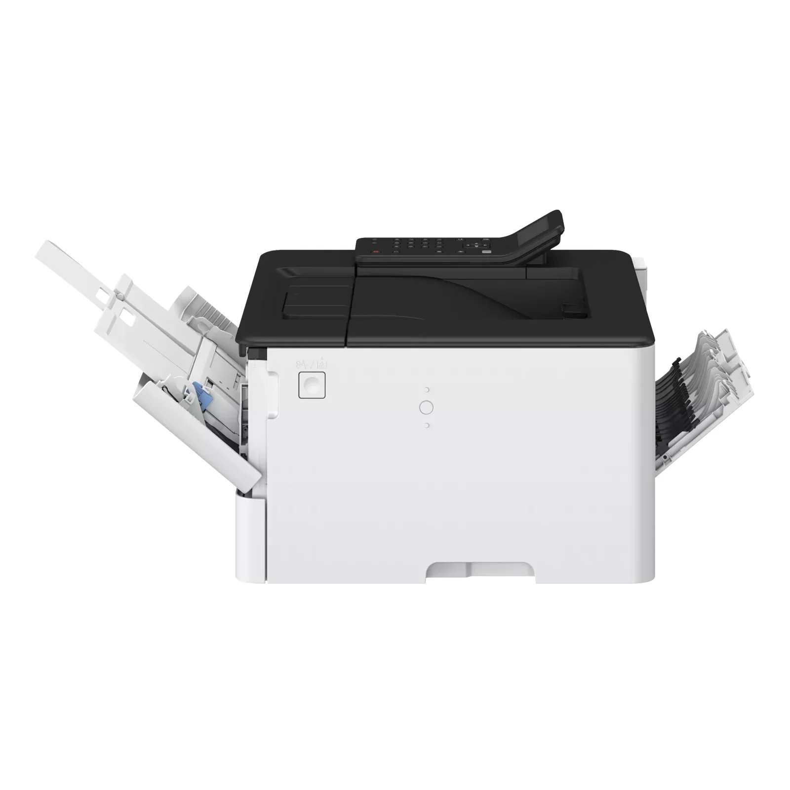Canon LBP243dw II vu de face, bacs avant et arrière déployés en position d'utilisation