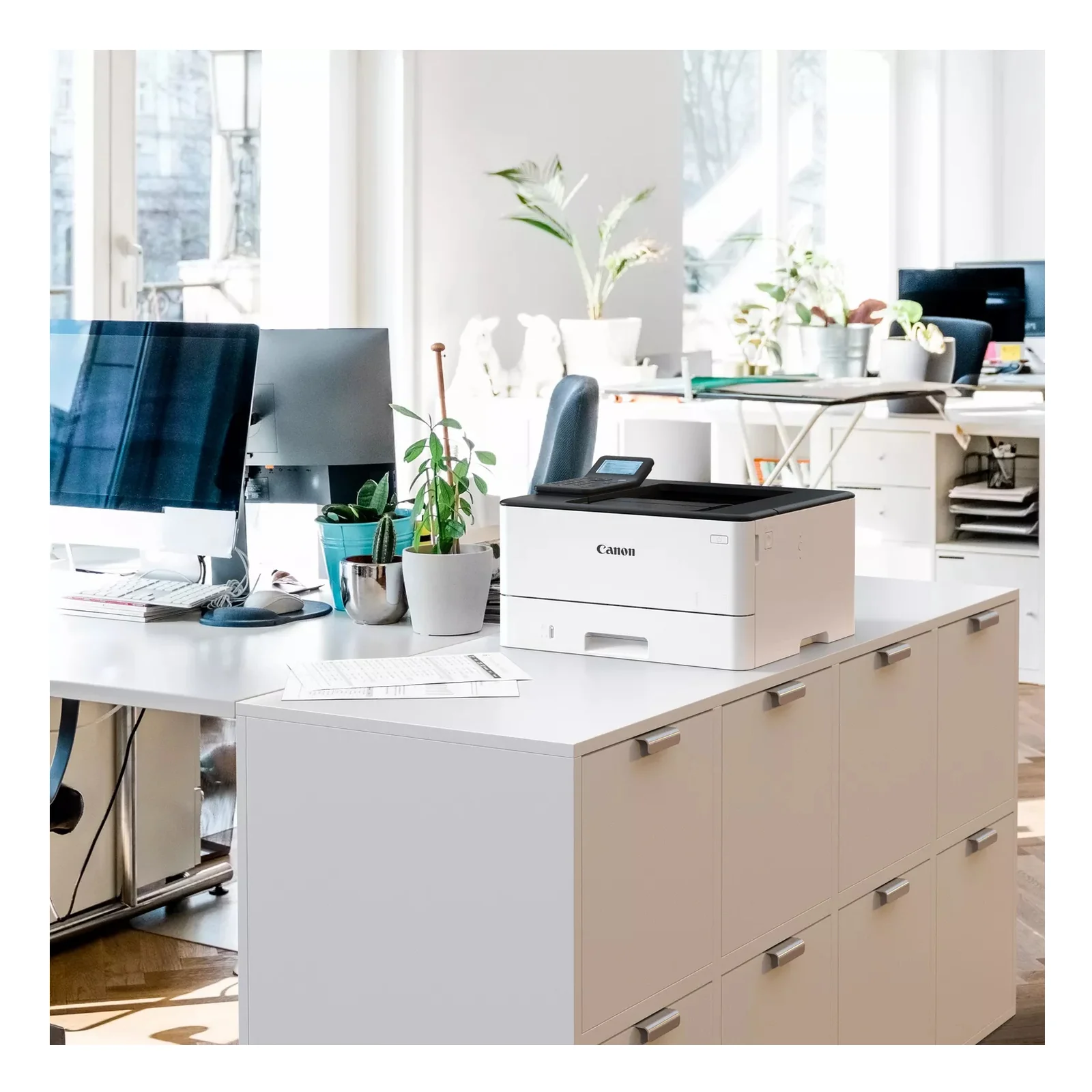 Canon LBP243dw II posée sur un meuble blanc dans un espace de bureau lumineux