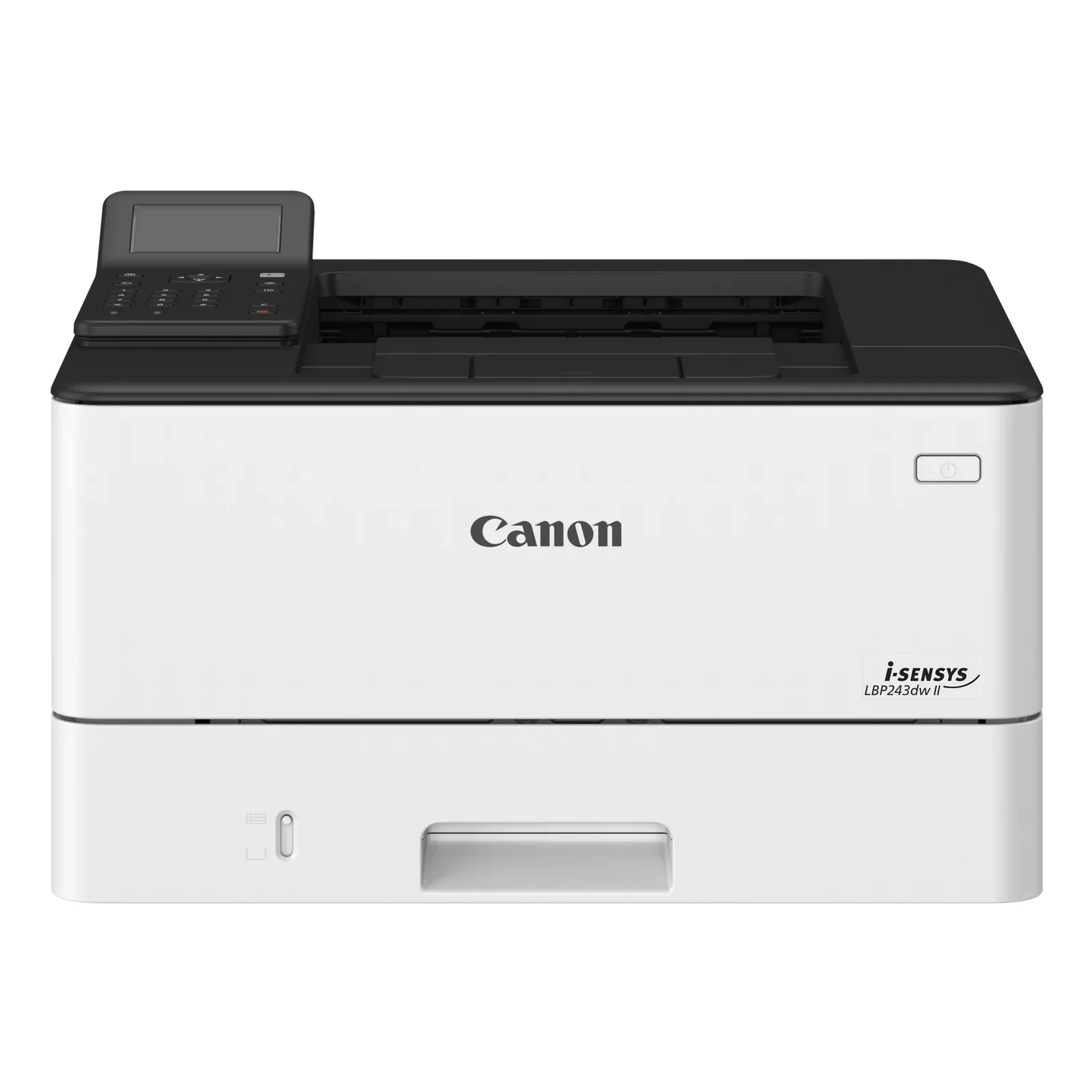 Vue frontale Canon LBP243dw II avec écran de contrôle relevé et logo i-SENSYS visible