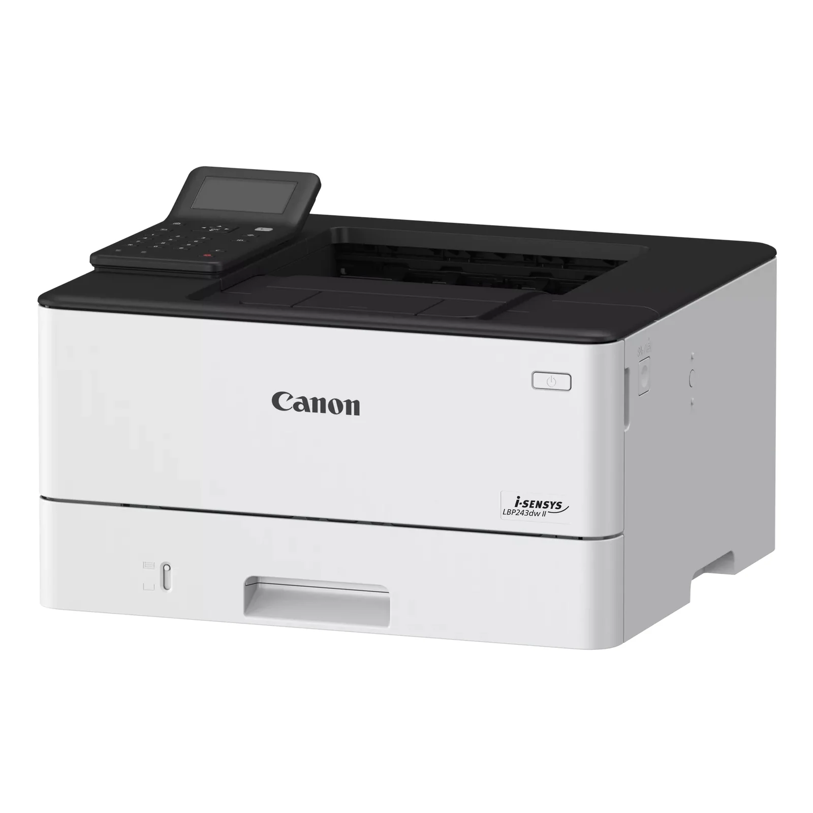 Canon LBP243dw II en perspective trois quarts avec panneau de commande et clavier numérique