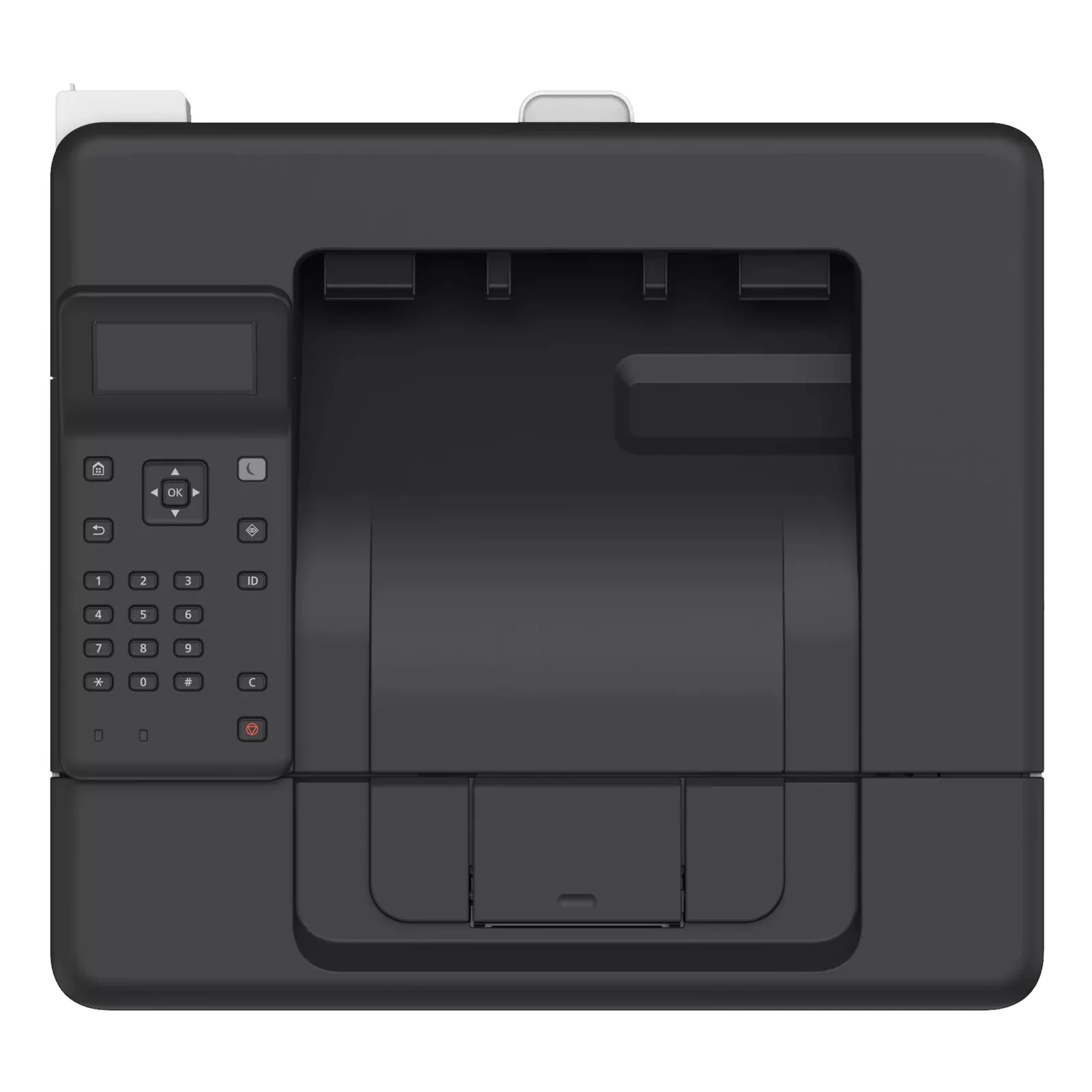 Détail haut Canon LBP243dw II, écran LCD, pavé numérique et zone de sortie papier