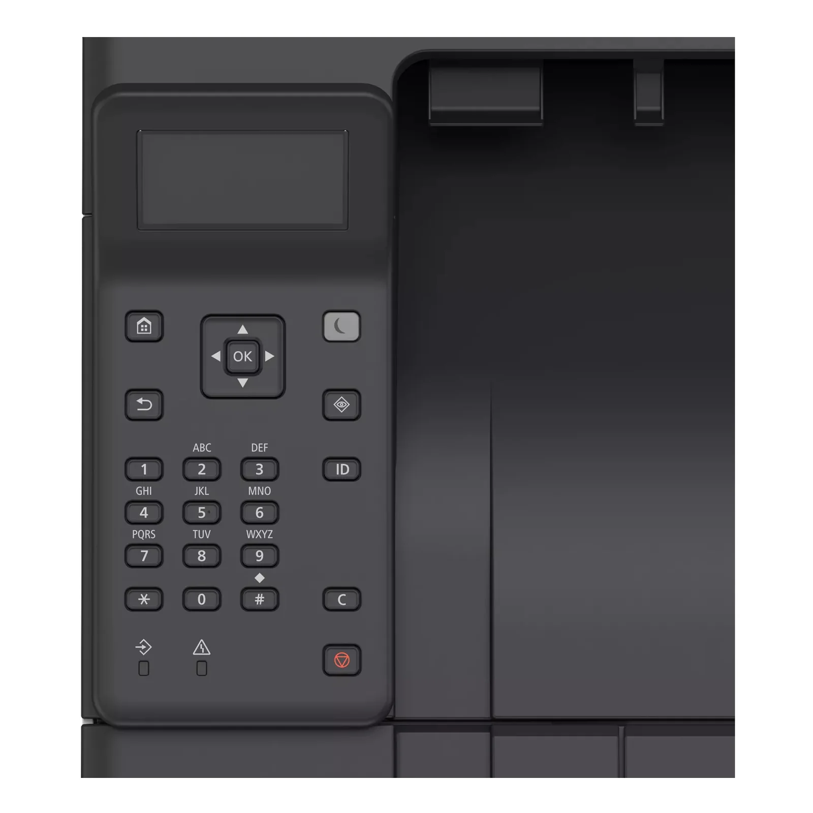 Gros plan panneau de commande Canon LBP243dw II avec touches OK, ID et arrêt rouge